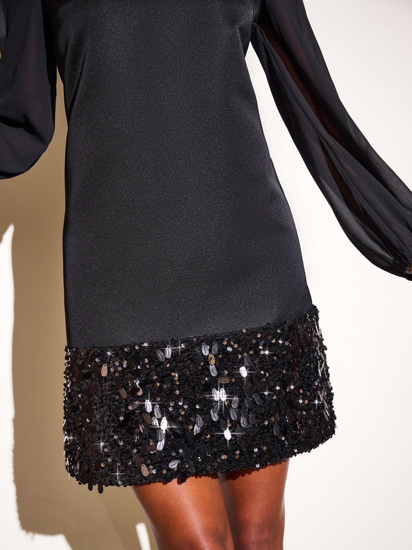 Image 3 of 4 of Friends Like These Womens Satin Sequin Hem Long Sleeve Mini Dress - Black