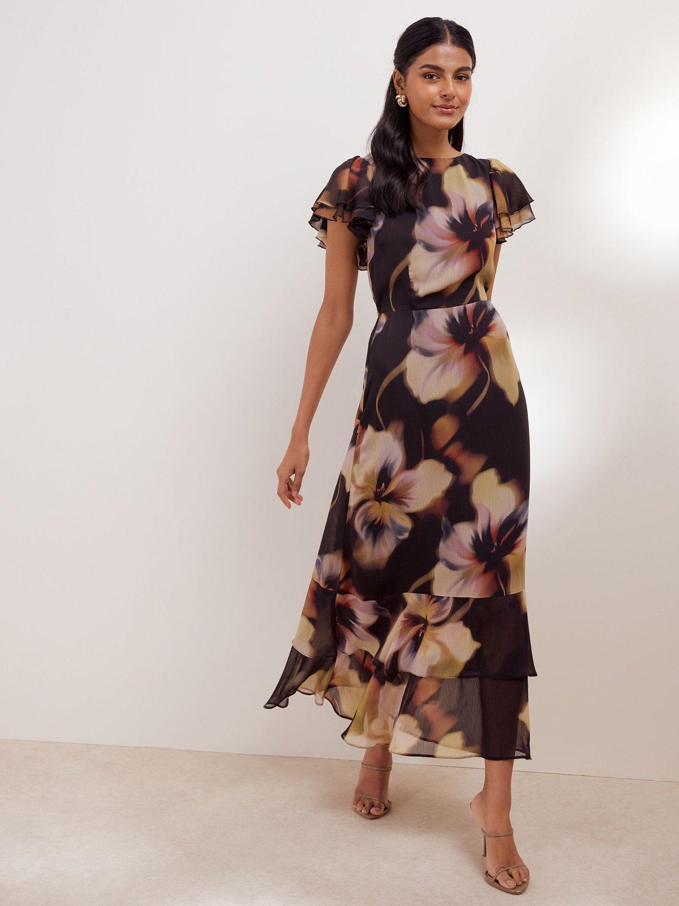 Image 1 of 5 of Friends Like These Womens Blurred Floral Metallic Ruffle Sleeve Midi Dress - Blue