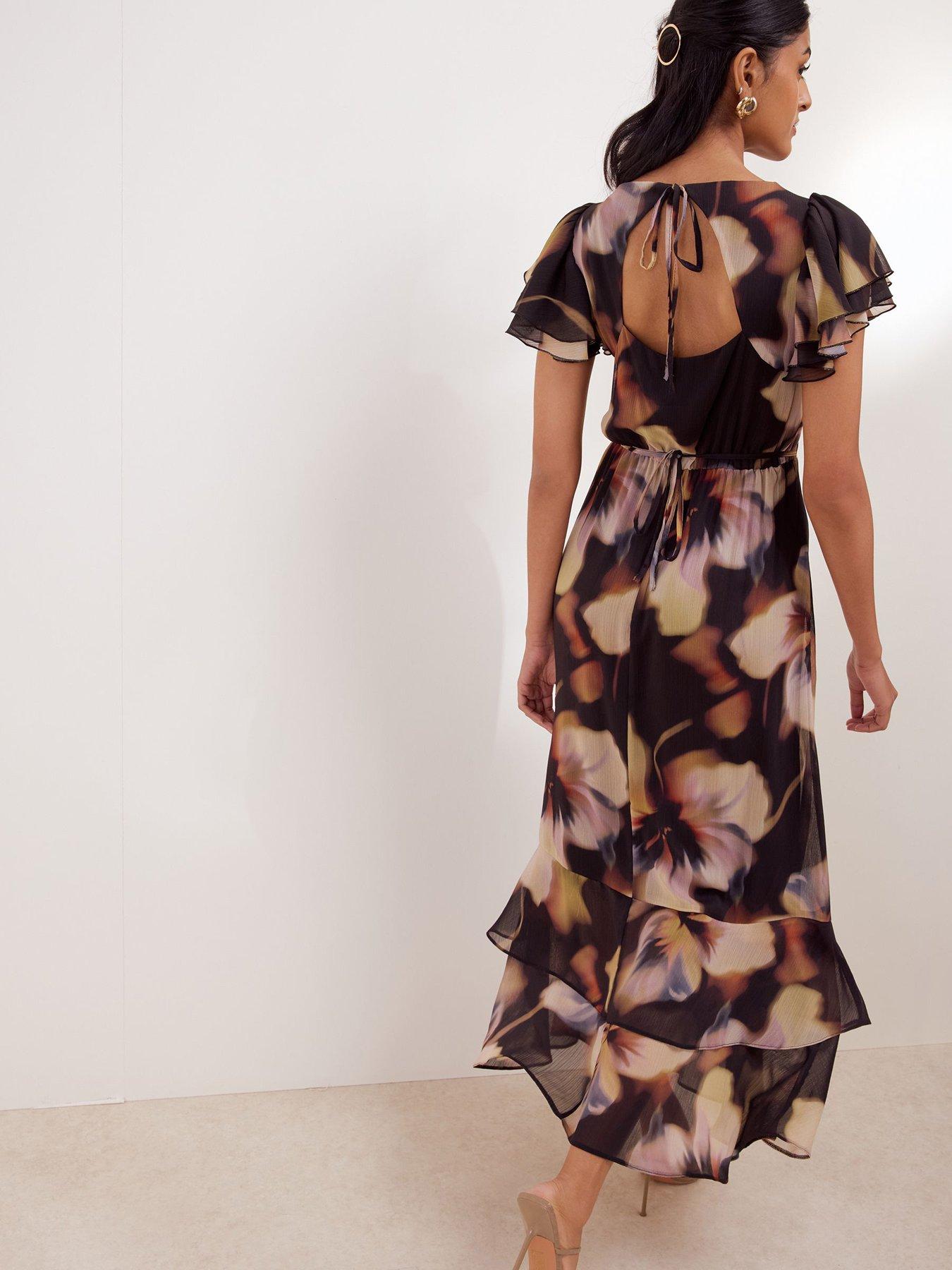 Image 2 of 5 of Friends Like These Womens Blurred Floral Metallic Ruffle Sleeve Midi Dress - Blue