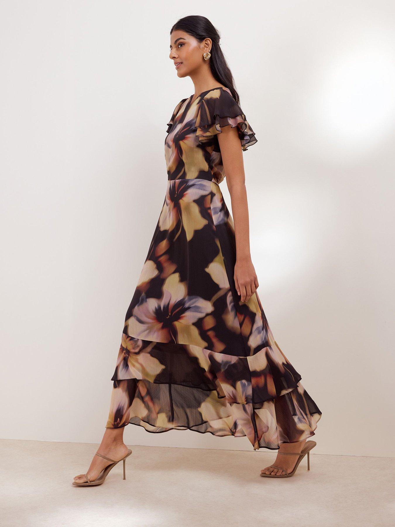 Image 3 of 5 of Friends Like These Womens Blurred Floral Metallic Ruffle Sleeve Midi Dress - Blue