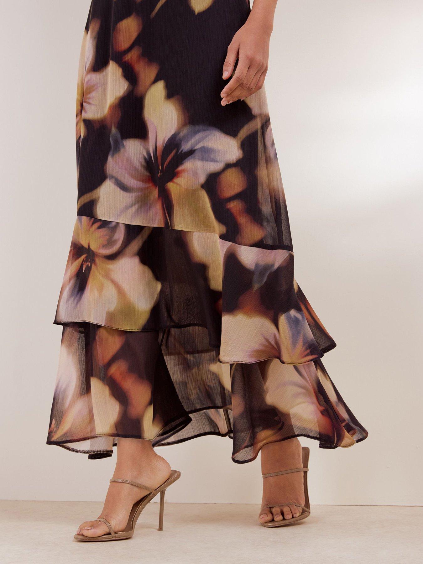 Image 4 of 5 of Friends Like These Womens Blurred Floral Metallic Ruffle Sleeve Midi Dress - Blue