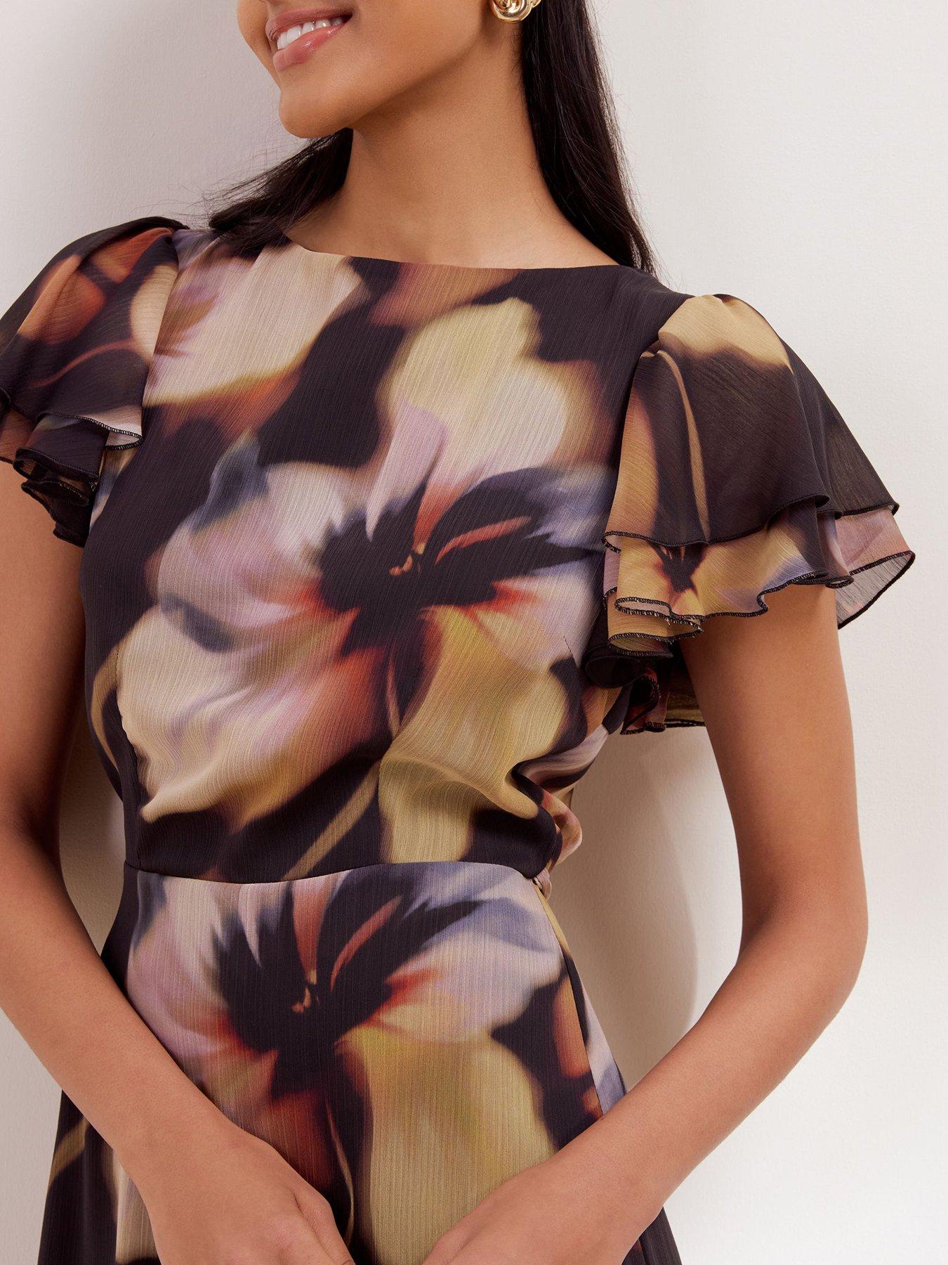 Image 5 of 5 of Friends Like These Womens Blurred Floral Metallic Ruffle Sleeve Midi Dress - Blue