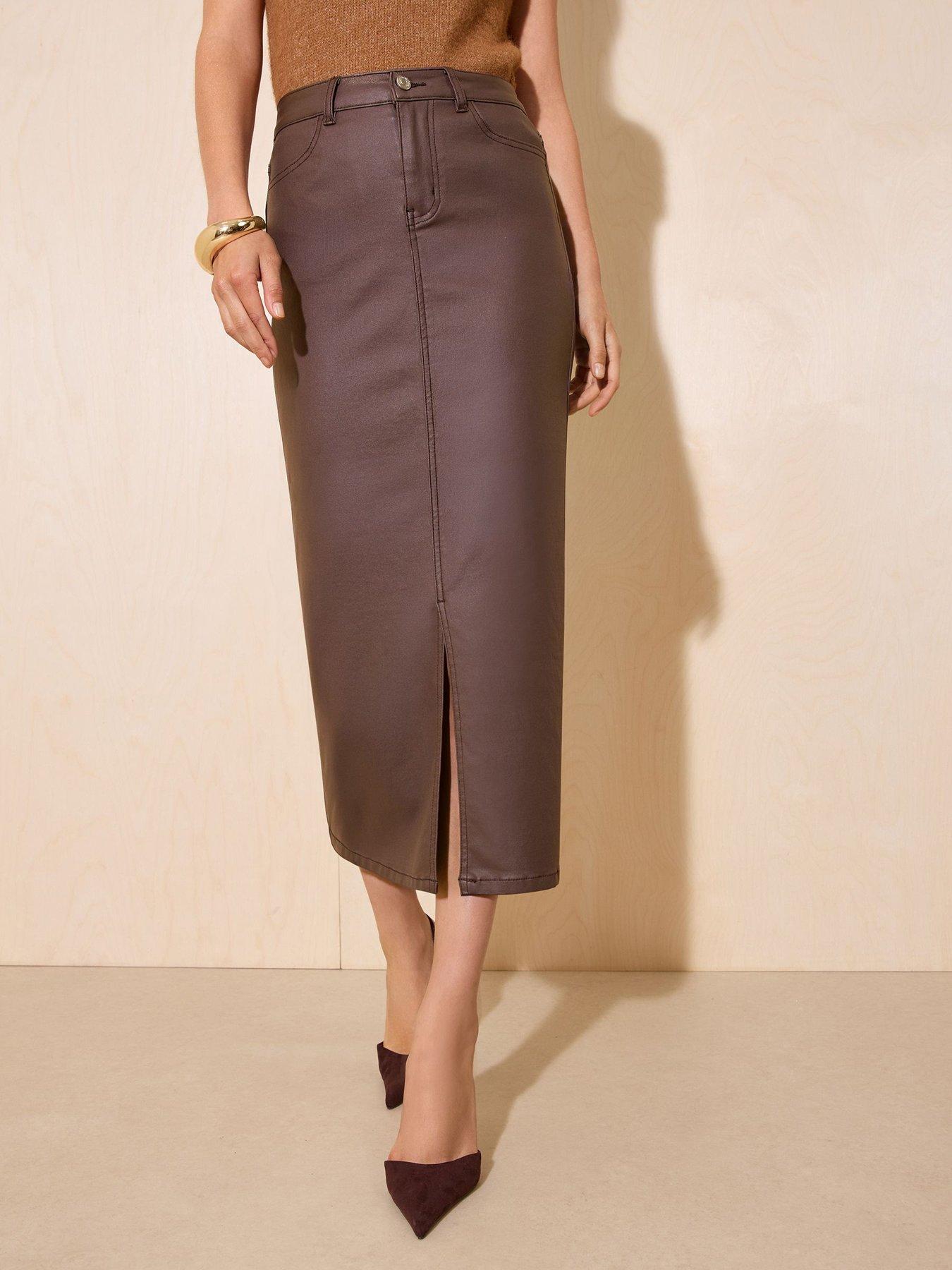Image 1 of 4 of Friends Like These Chocolate Brown Coated Split Front Denim Midi Skirt