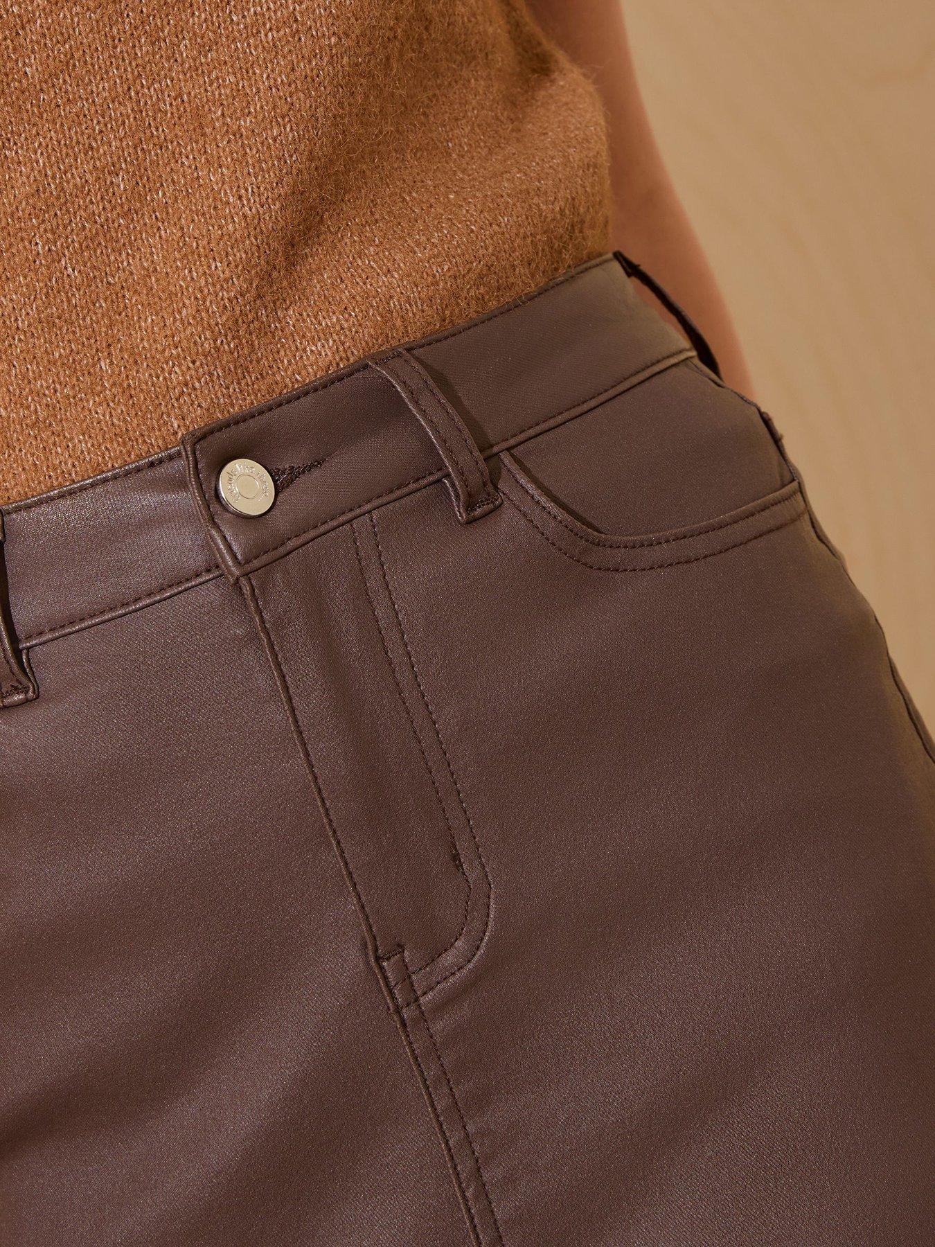 Image 4 of 4 of Friends Like These Chocolate Brown Coated Split Front Denim Midi Skirt