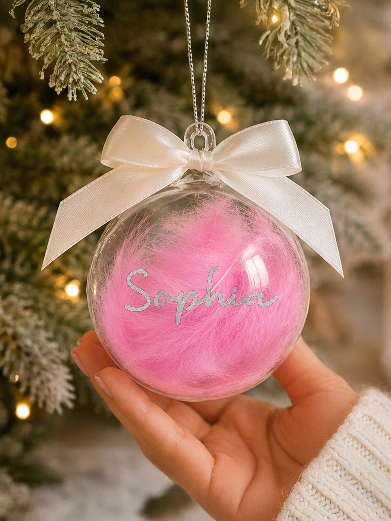Image 2 of 3 of The Personalised Memento Company Personalised Pink Feather Bauble with Ribbon