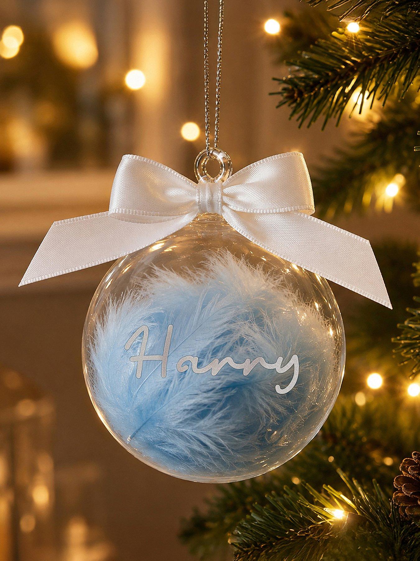 Image 1 of 3 of The Personalised Memento Company Personalised Blue Feather Bauble with Ribbon
