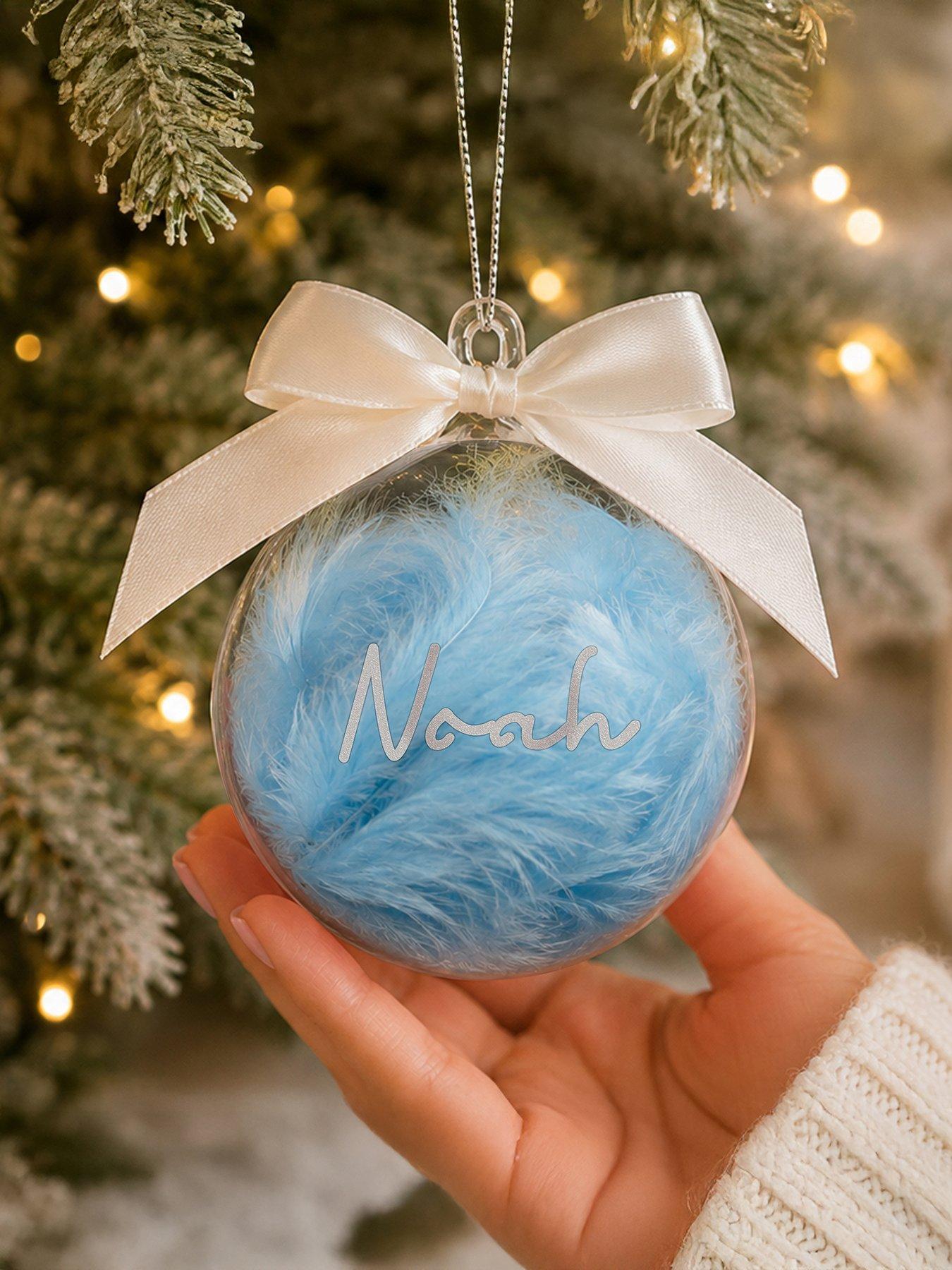 Image 2 of 3 of The Personalised Memento Company Personalised Blue Feather Bauble with Ribbon