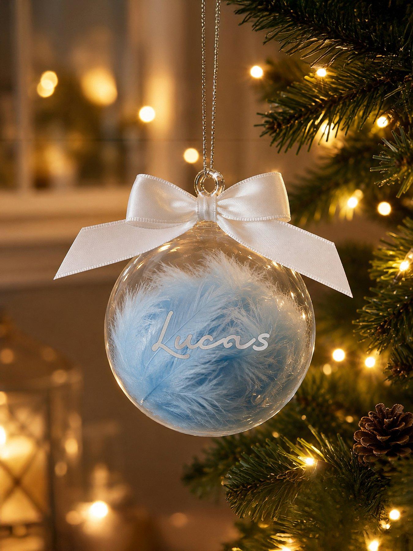 Image 3 of 3 of The Personalised Memento Company Personalised Blue Feather Bauble with Ribbon