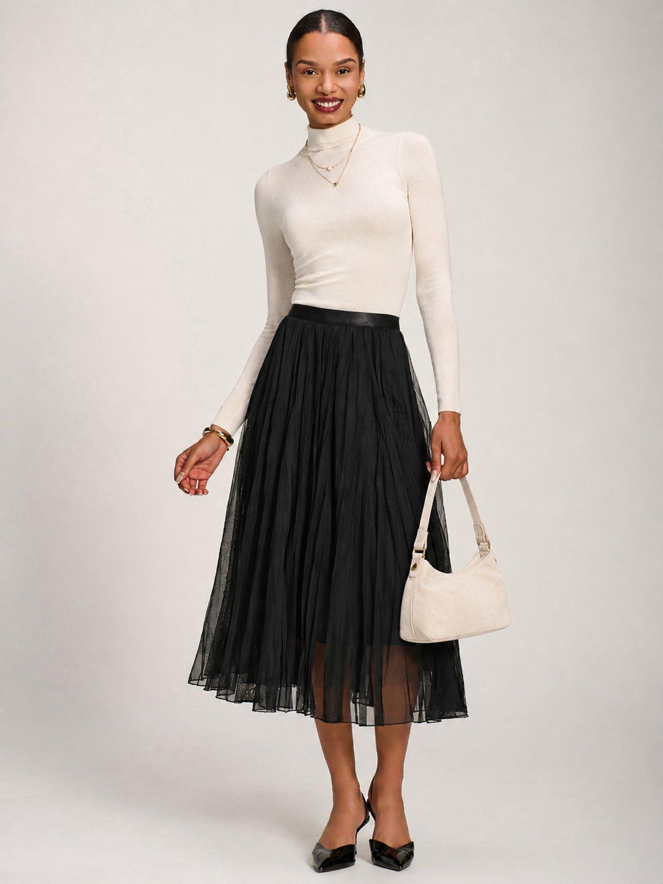 Image 1 of 6 of Jolie Moi Womens Crinkle Mesh Elasticated Waist Midi Skirt - Black