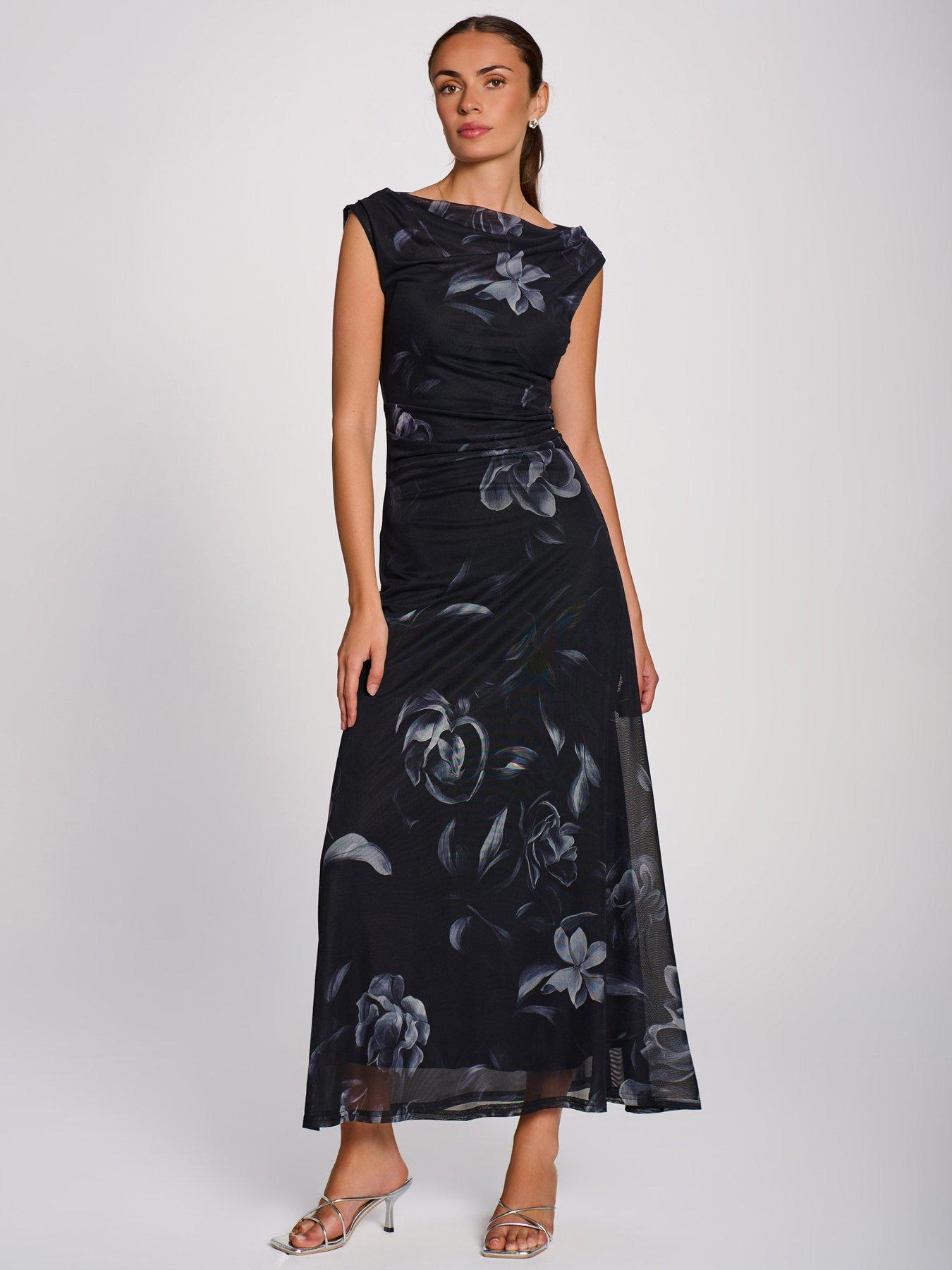 Image 1 of 7 of Jolie Moi Womens Multiway Neck Mesh Floral Maxi Dress - Black