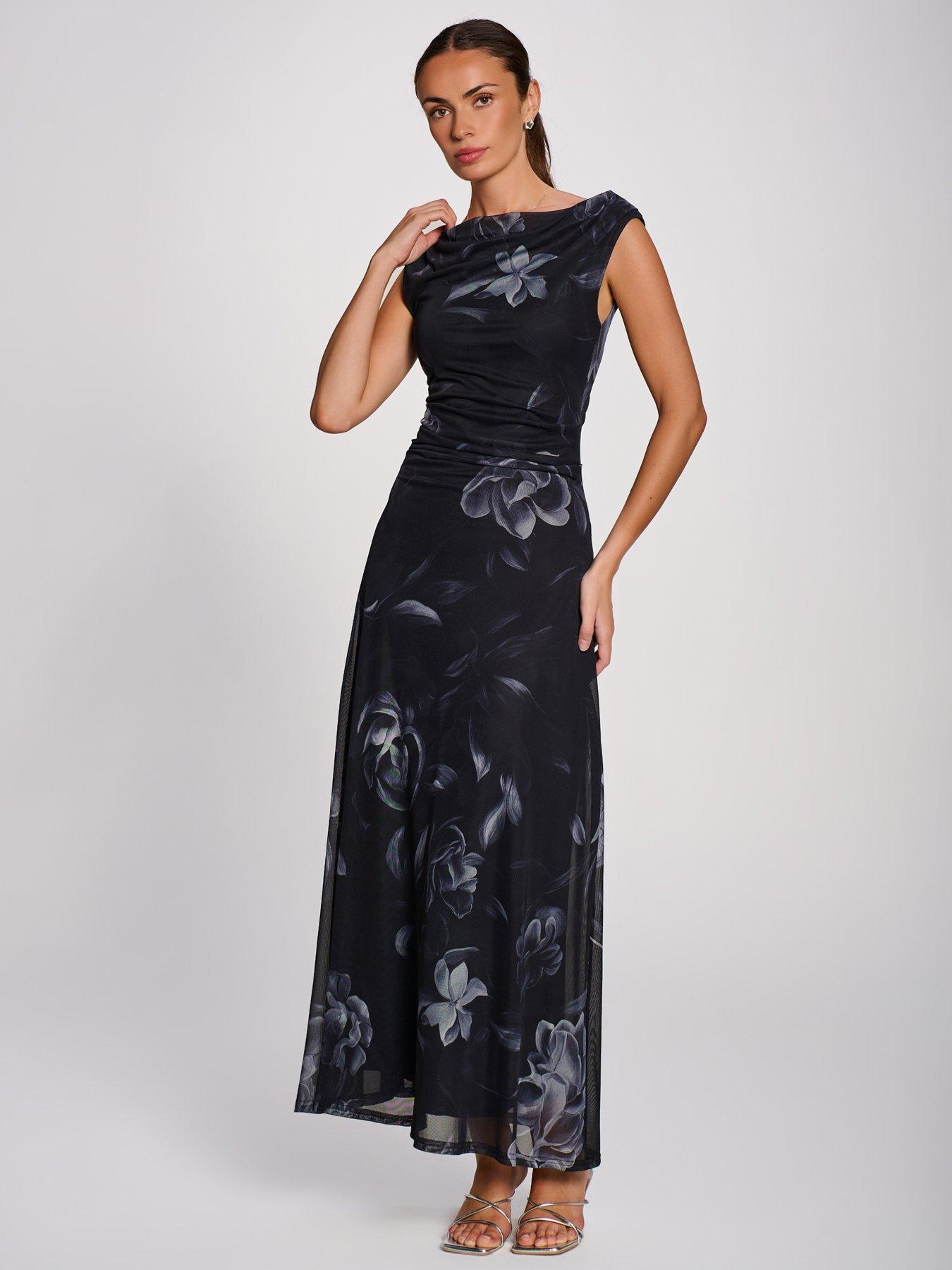 Image 3 of 7 of Jolie Moi Womens Multiway Neck Mesh Floral Maxi Dress - Black