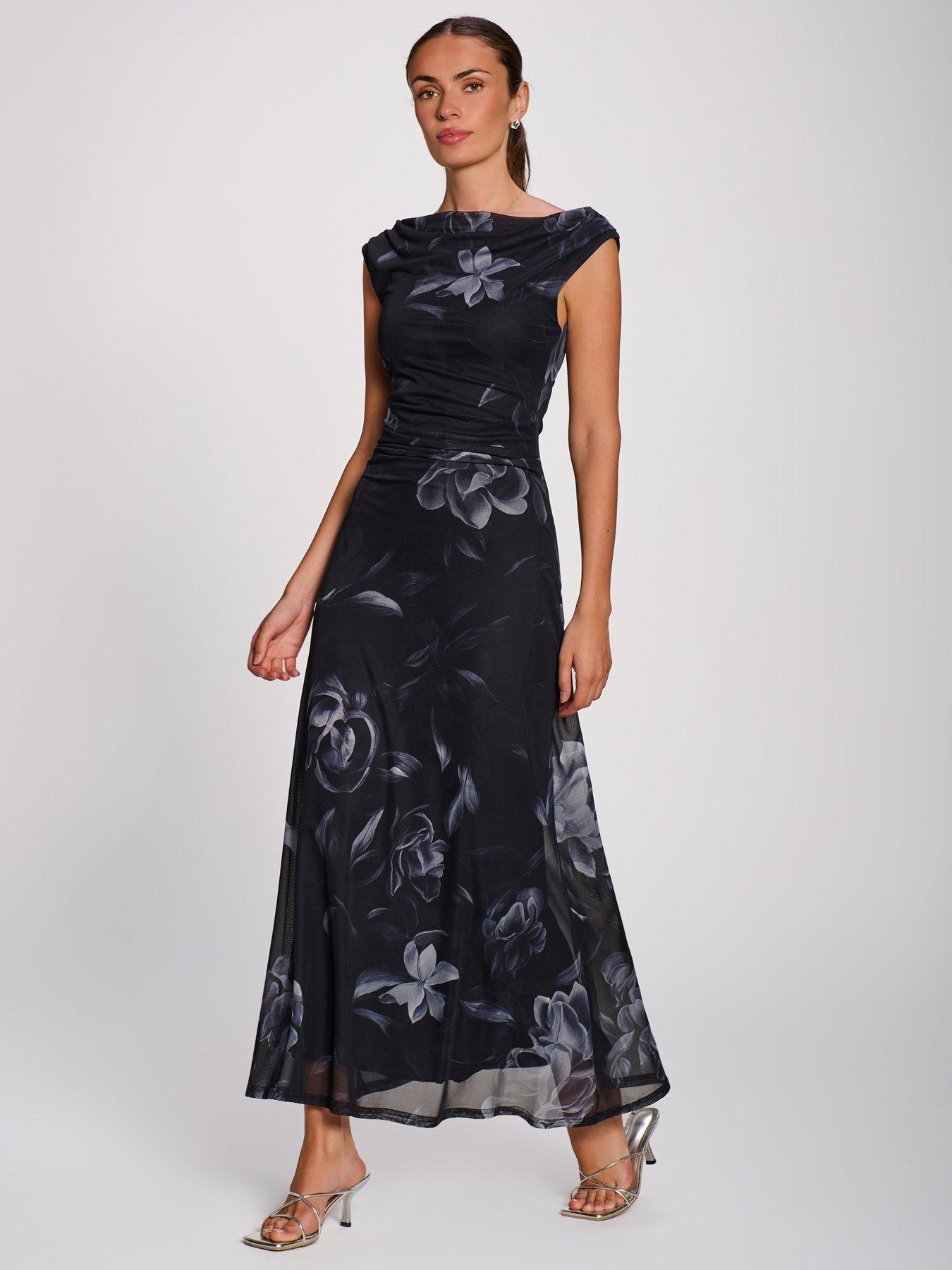 Image 6 of 7 of Jolie Moi Womens Multiway Neck Mesh Floral Maxi Dress - Black
