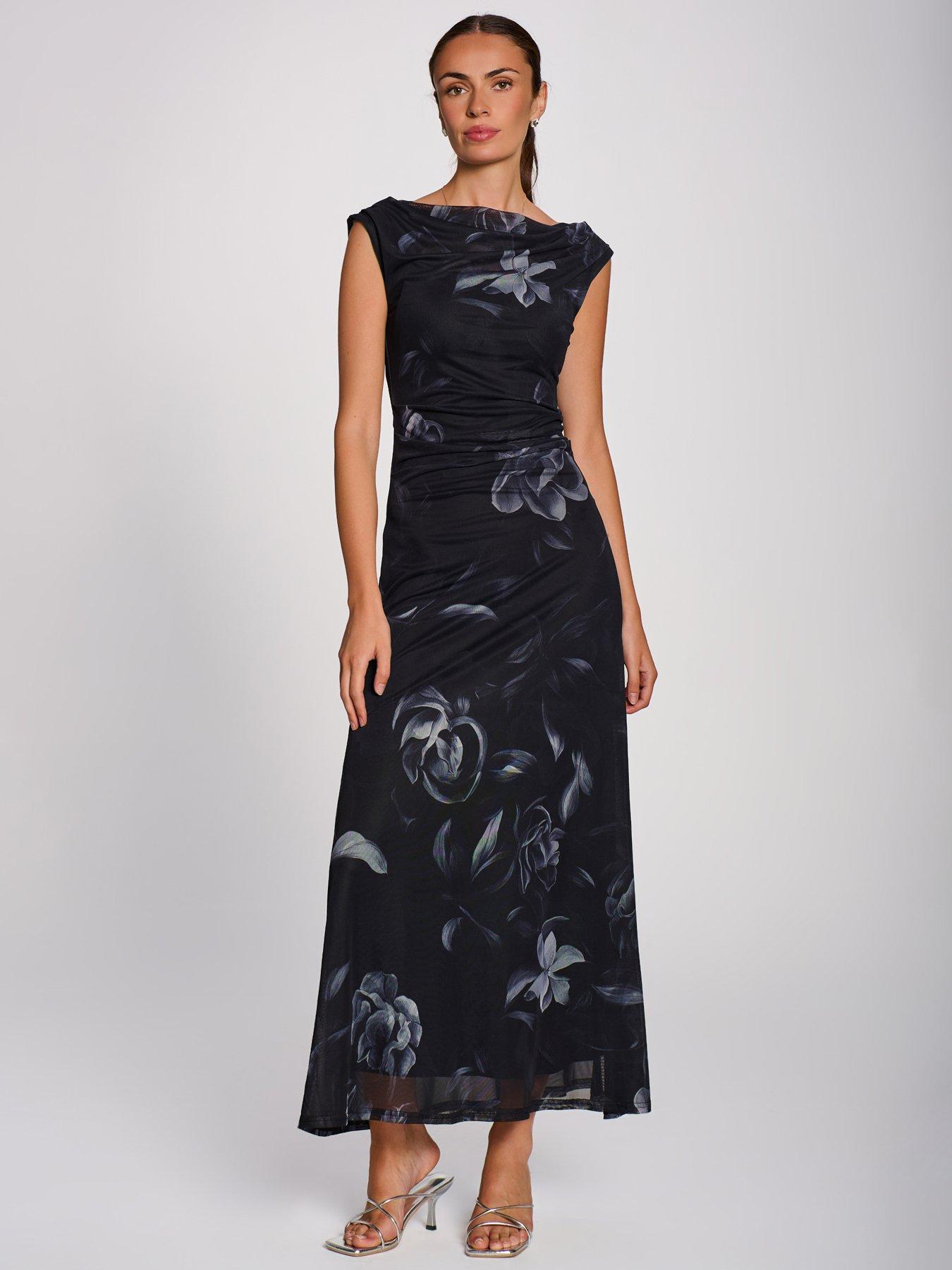 Image 7 of 7 of Jolie Moi Womens Multiway Neck Mesh Floral Maxi Dress - Black