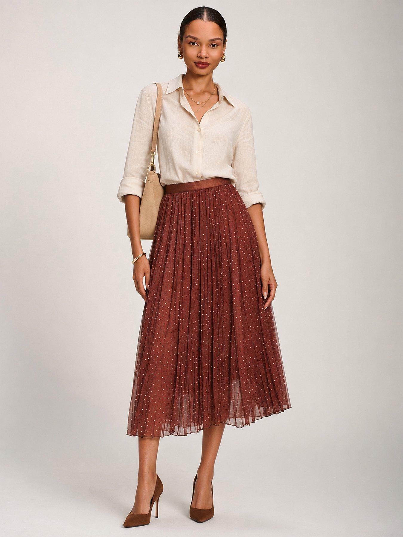 Image 1 of 6 of Jolie Moi Womens Crinkle Mesh Pleated Midi Skirt - Brown