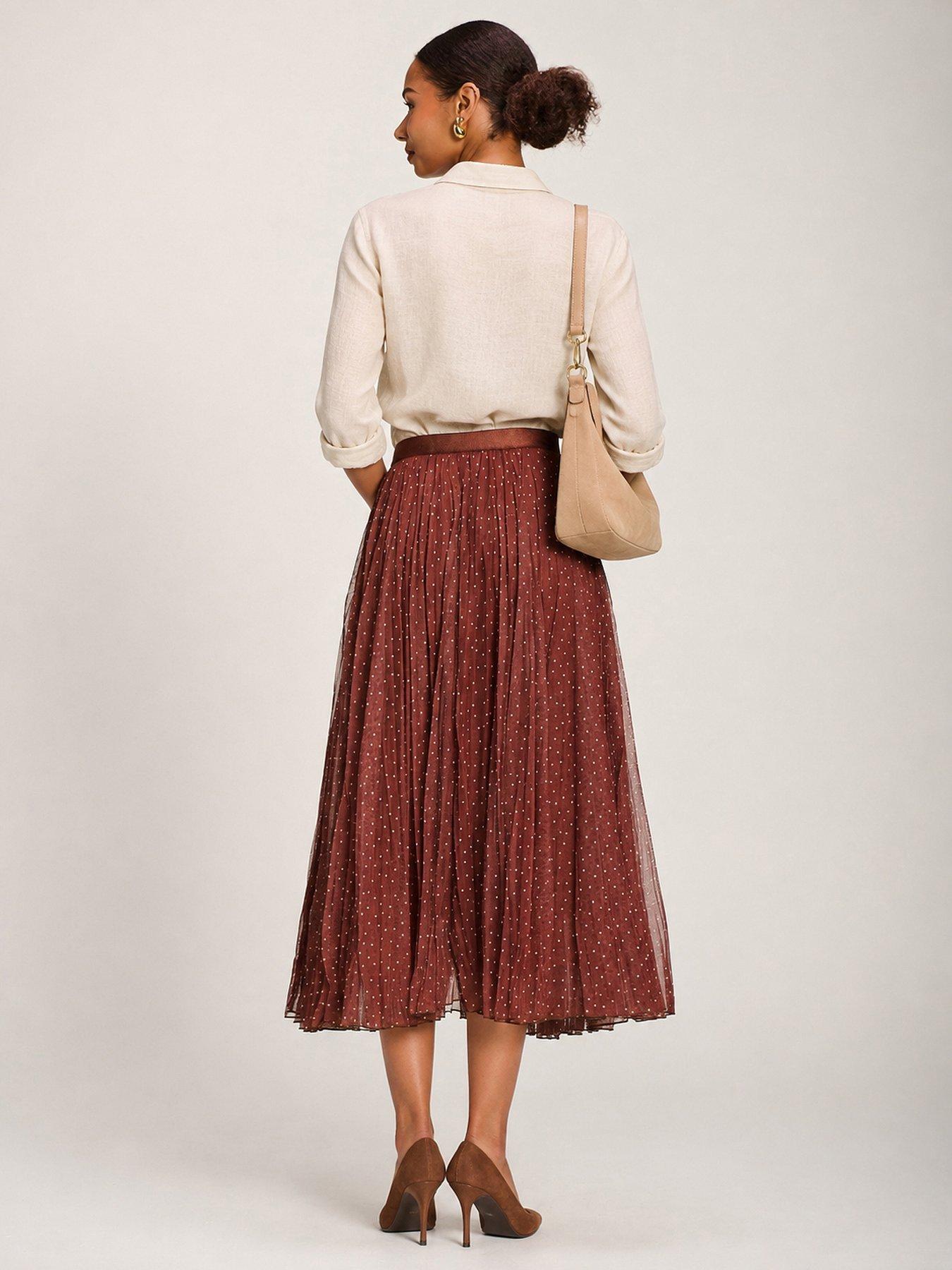 Image 2 of 6 of Jolie Moi Womens Crinkle Mesh Pleated Midi Skirt - Brown