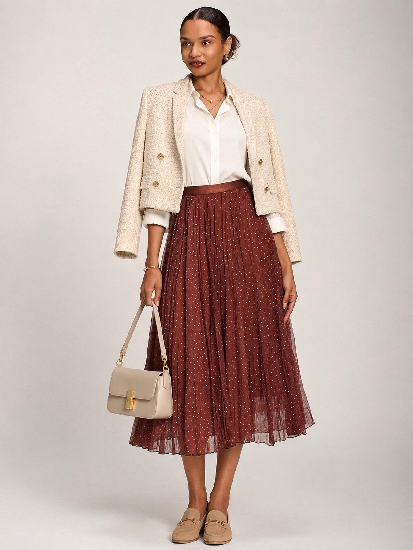 Image 3 of 6 of Jolie Moi Womens Crinkle Mesh Pleated Midi Skirt - Brown