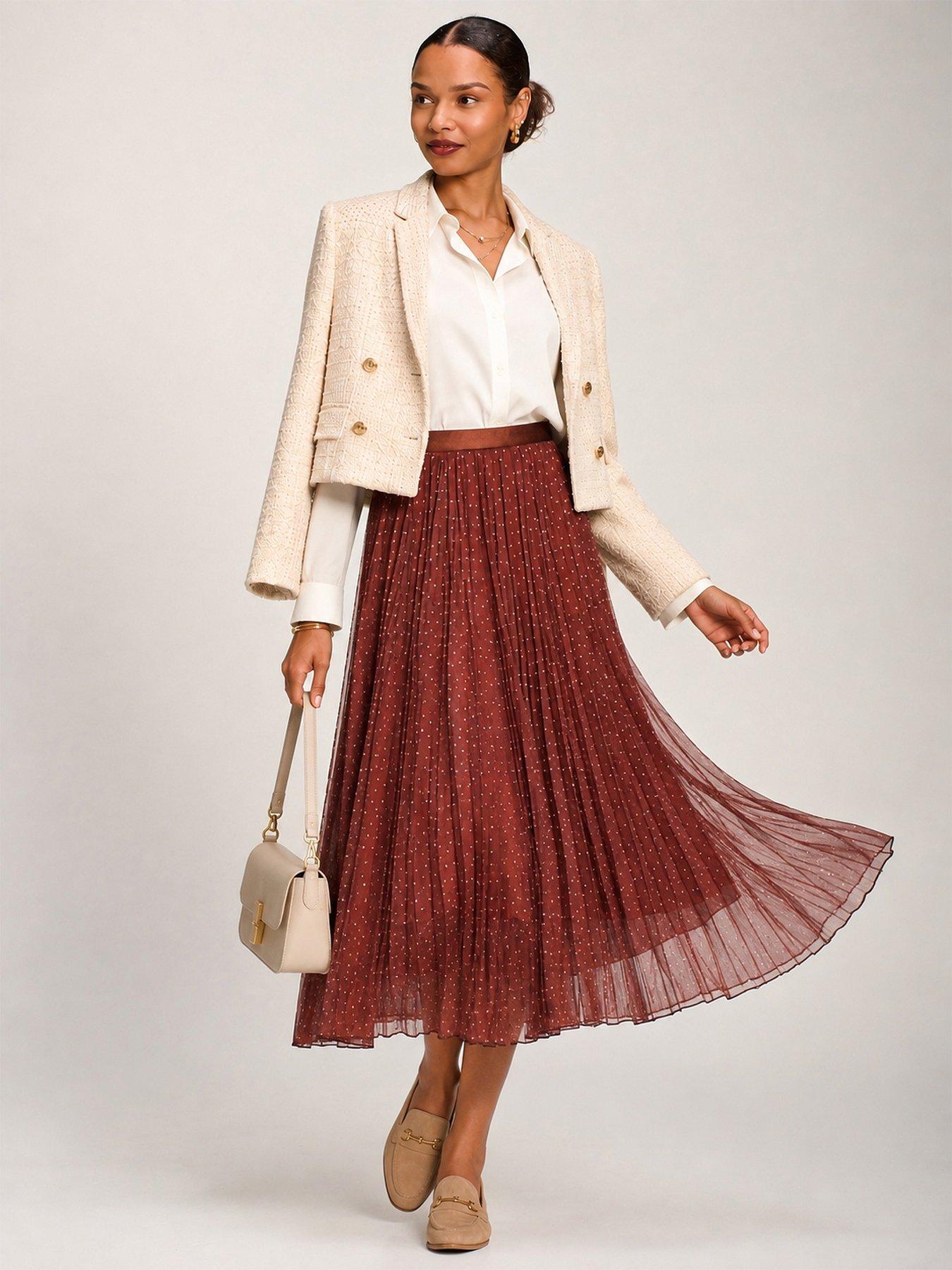 Image 5 of 6 of Jolie Moi Womens Crinkle Mesh Pleated Midi Skirt - Brown