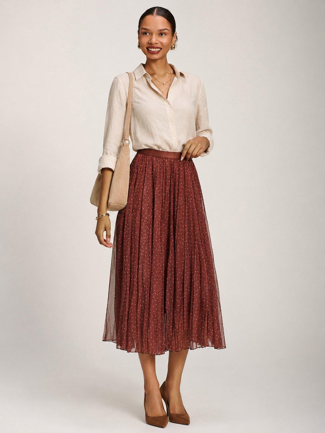 Image 6 of 6 of Jolie Moi Womens Crinkle Mesh Pleated Midi Skirt - Brown