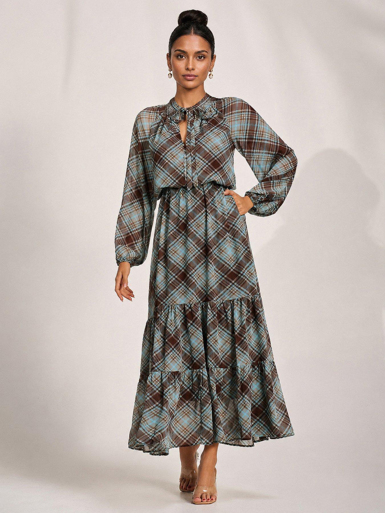 Image 1 of 5 of Jolie Moi Womens Chiffon Tie-Neck Tiered Maxi Dress - Multi
