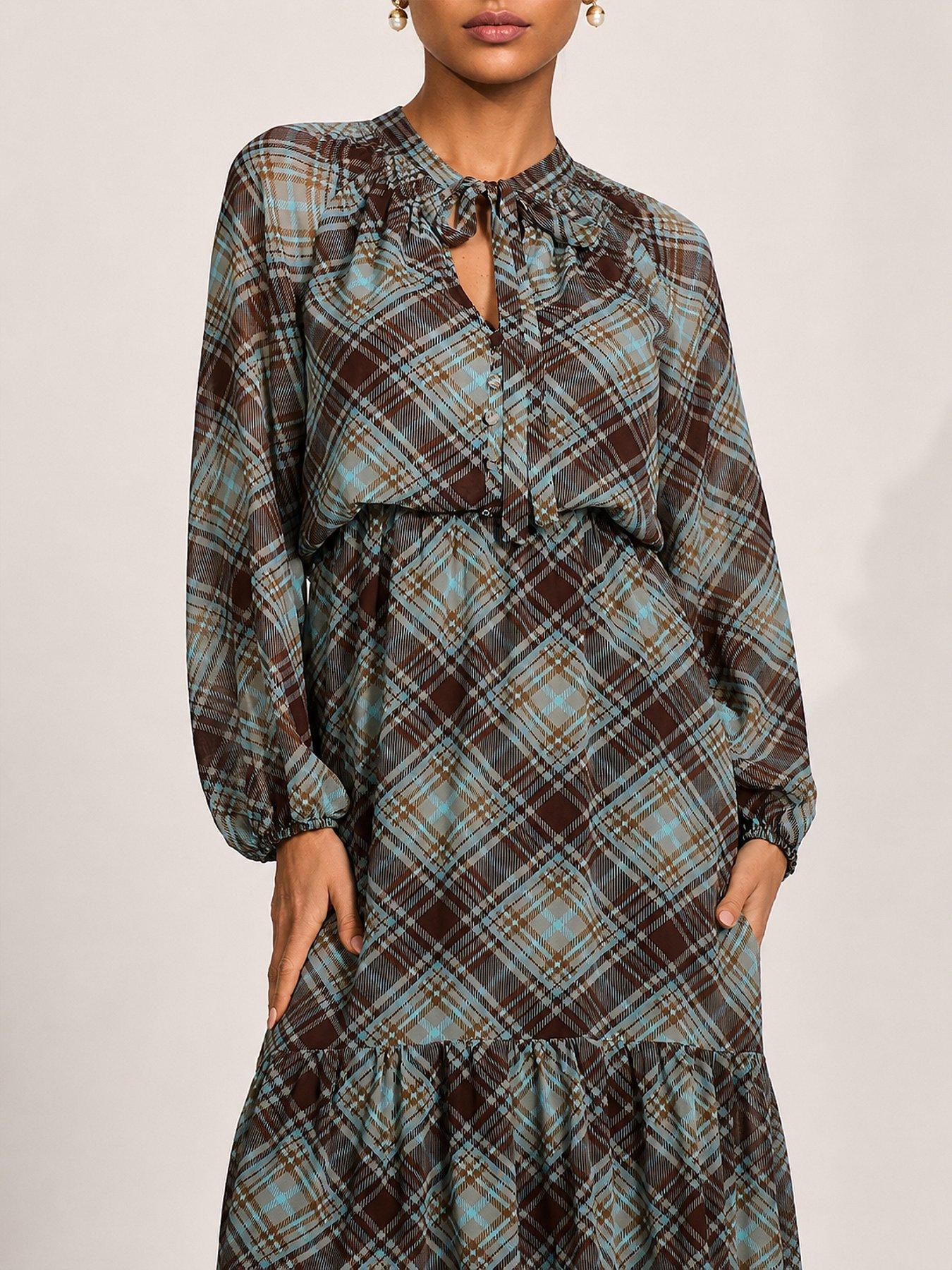 Image 4 of 5 of Jolie Moi Womens Chiffon Tie-Neck Tiered Maxi Dress - Multi