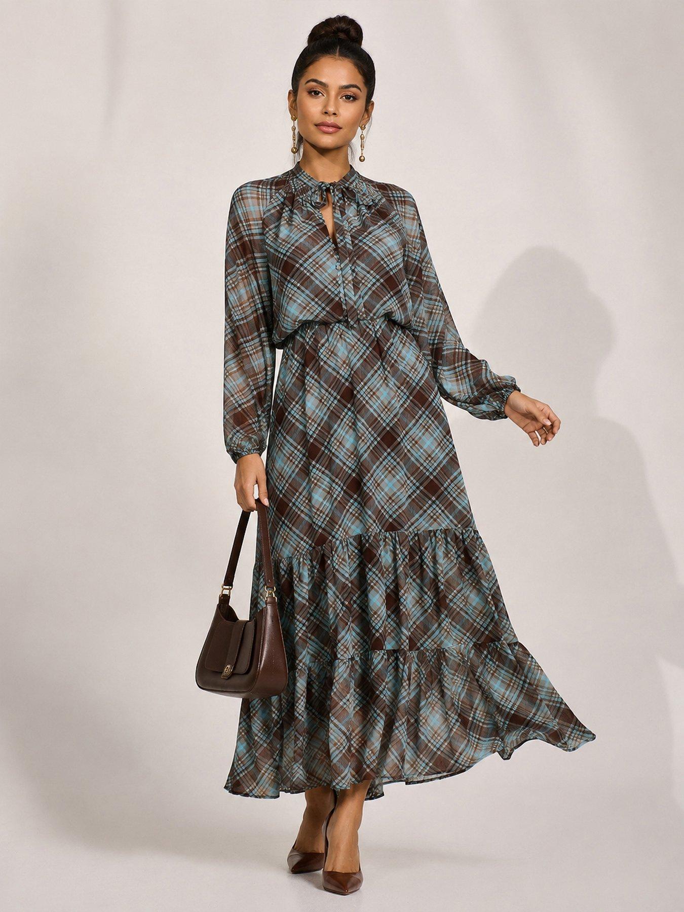 Image 5 of 5 of Jolie Moi Womens Chiffon Tie-Neck Tiered Maxi Dress - Multi