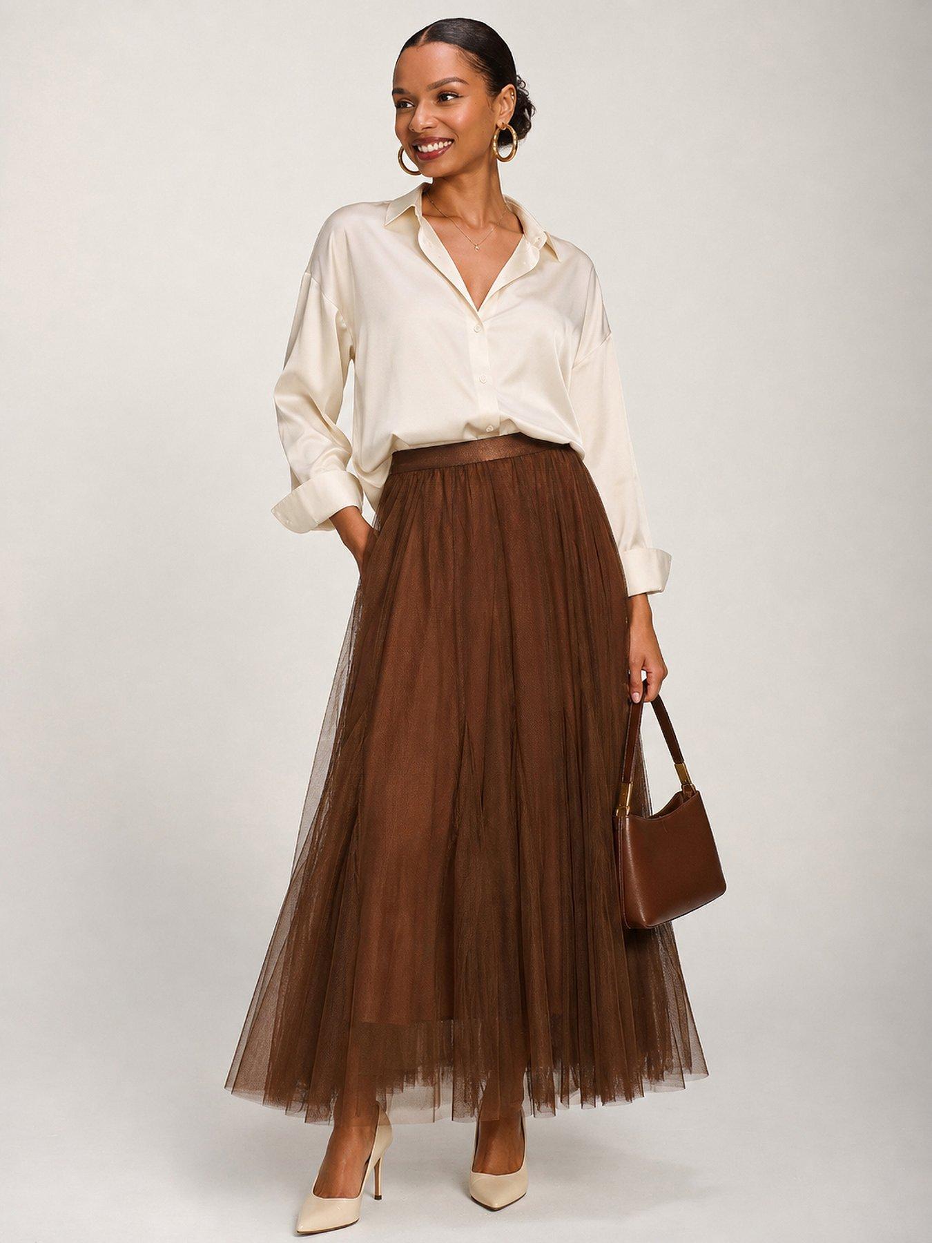 Image 1 of 6 of Jolie Moi Womens Tulle Godet Maxi Skirt - Brown