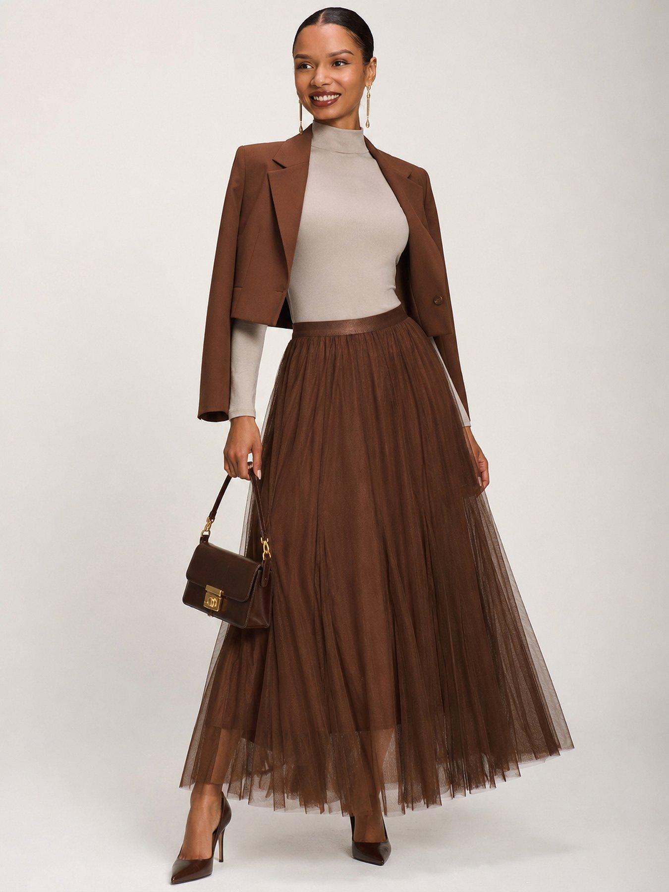 Image 3 of 6 of Jolie Moi Womens Tulle Godet Maxi Skirt - Brown