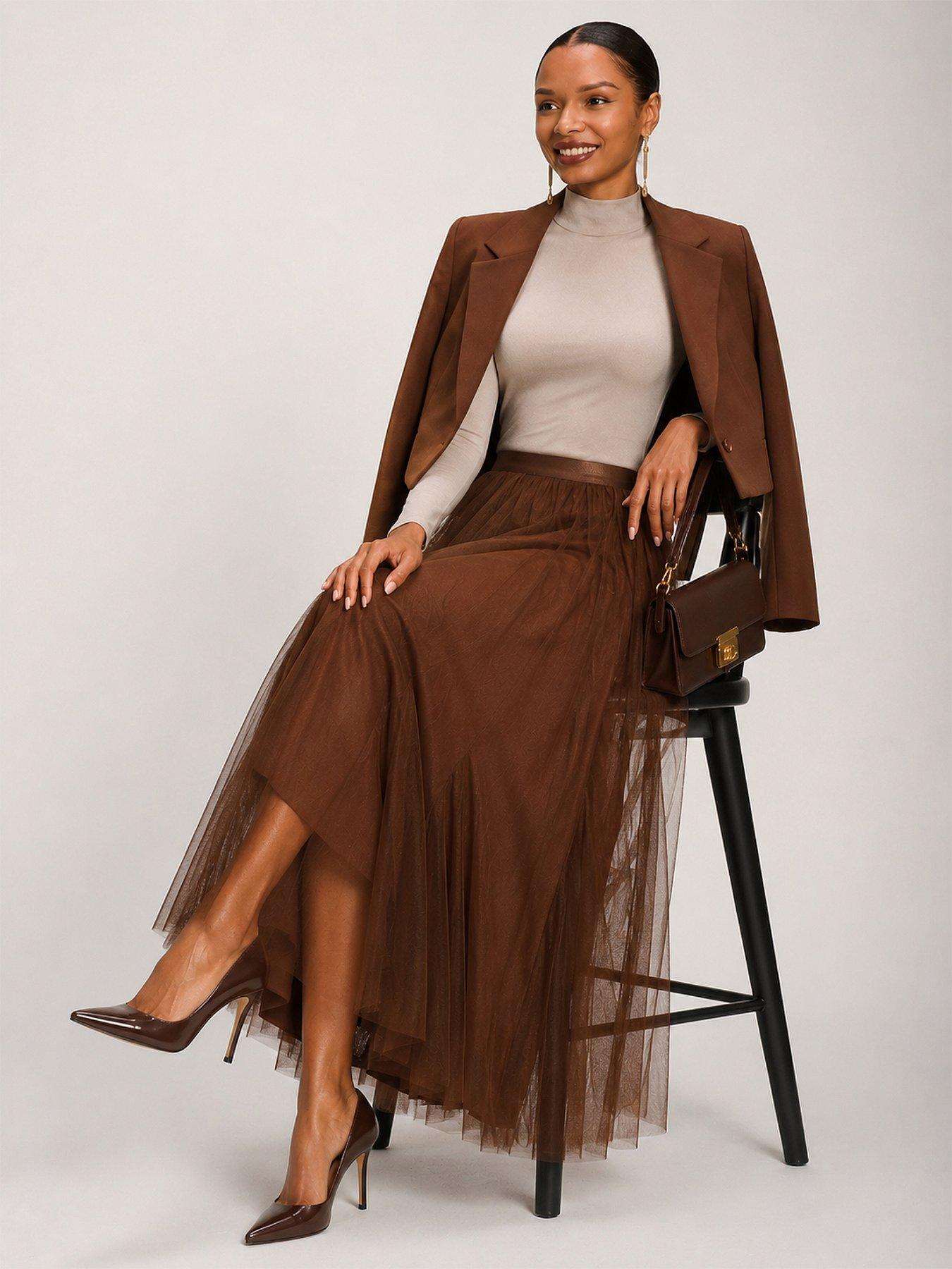 Image 5 of 6 of Jolie Moi Womens Tulle Godet Maxi Skirt - Brown