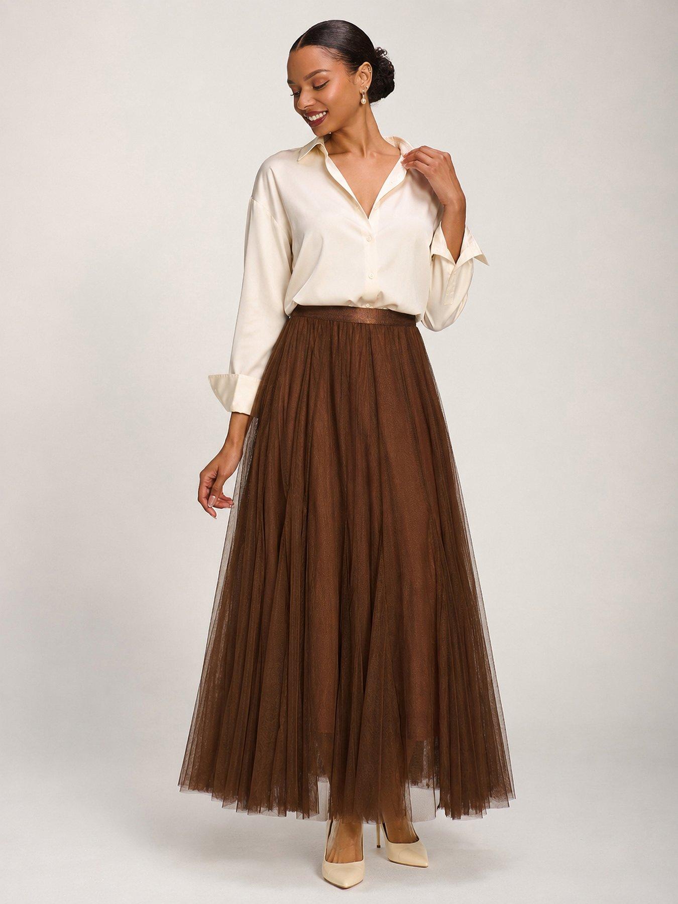 Image 6 of 6 of Jolie Moi Womens Tulle Godet Maxi Skirt - Brown