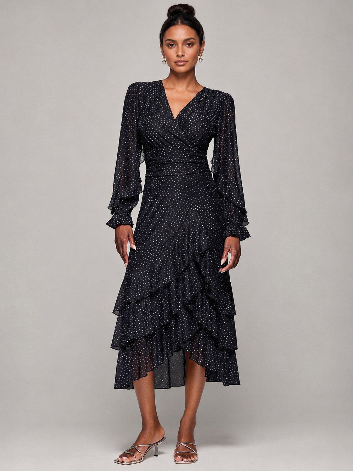Image 1 of 5 of Jolie Moi Womens Wrap V-Neck Frill Mesh Maxi Dress - Black