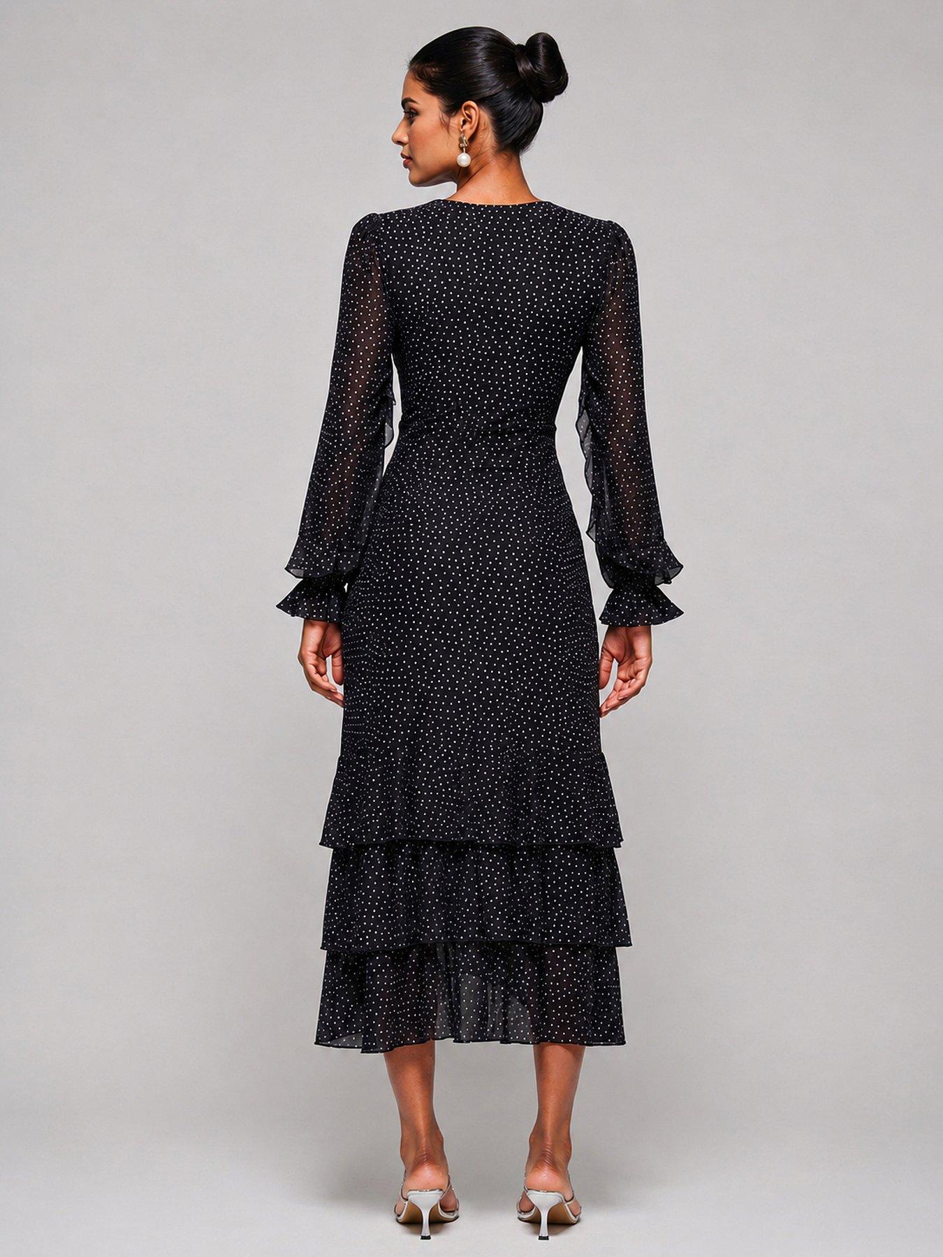 Image 2 of 5 of Jolie Moi Womens Wrap V-Neck Frill Mesh Maxi Dress - Black