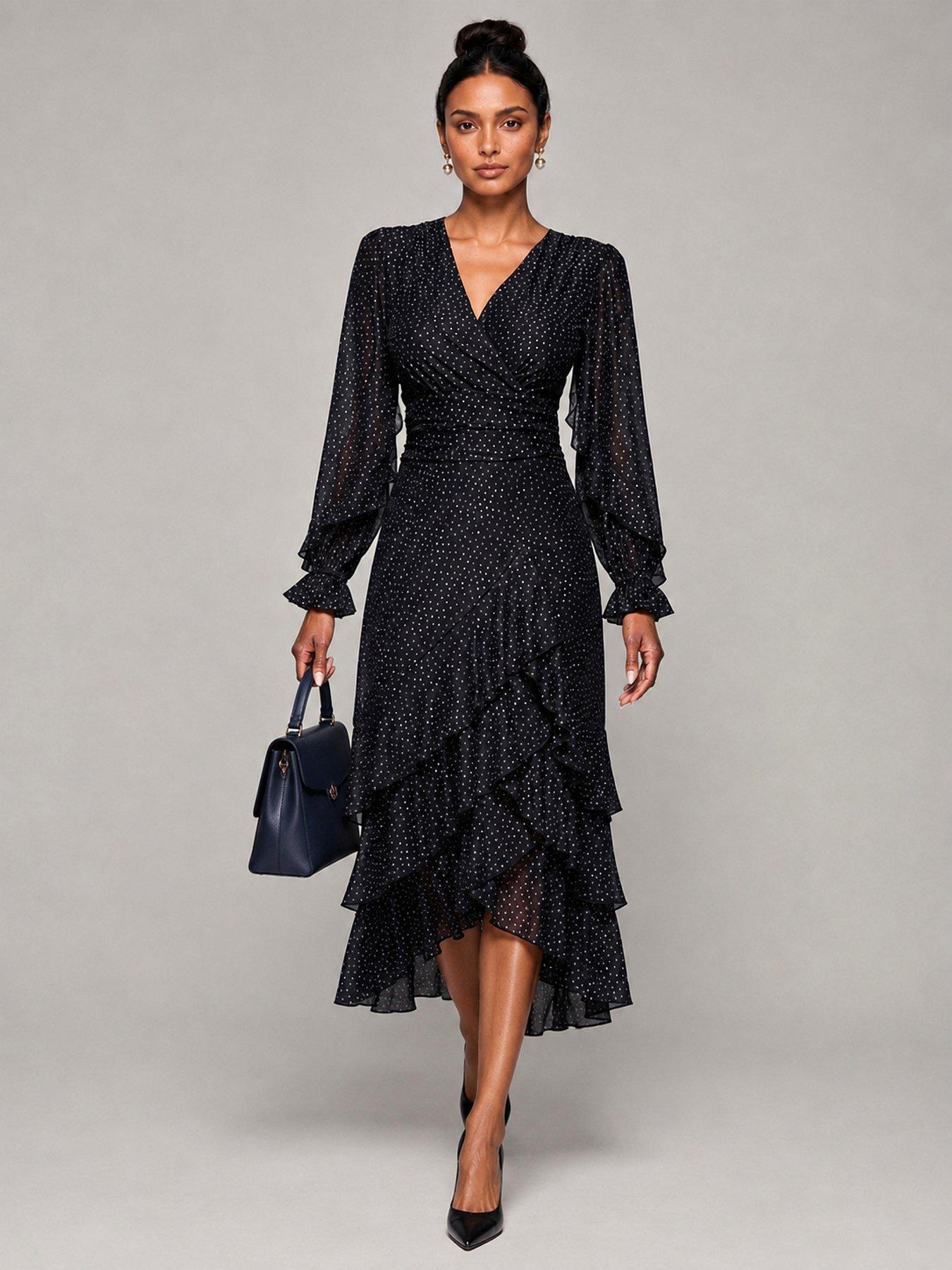Image 3 of 5 of Jolie Moi Womens Wrap V-Neck Frill Mesh Maxi Dress - Black