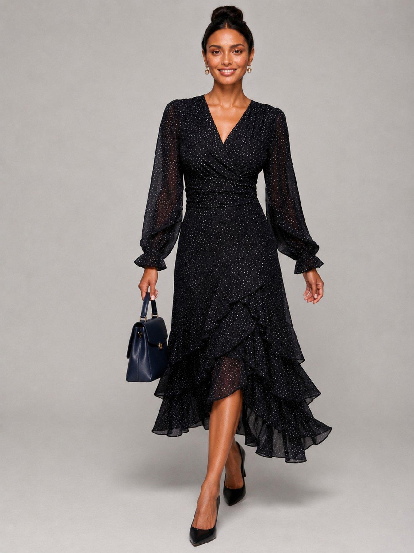 Image 5 of 5 of Jolie Moi Womens Wrap V-Neck Frill Mesh Maxi Dress - Black
