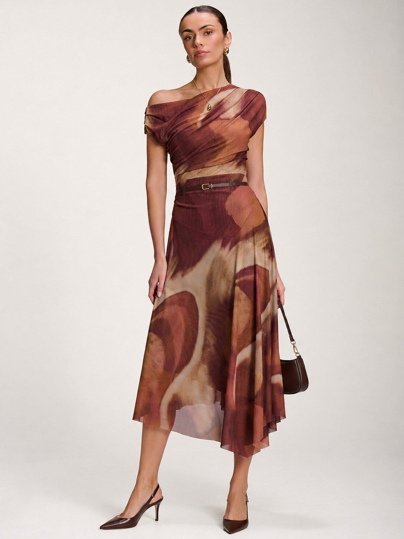 Image 1 of 7 of Jolie Moi Womens Asymmetric Draped Mesh Dress - Brown