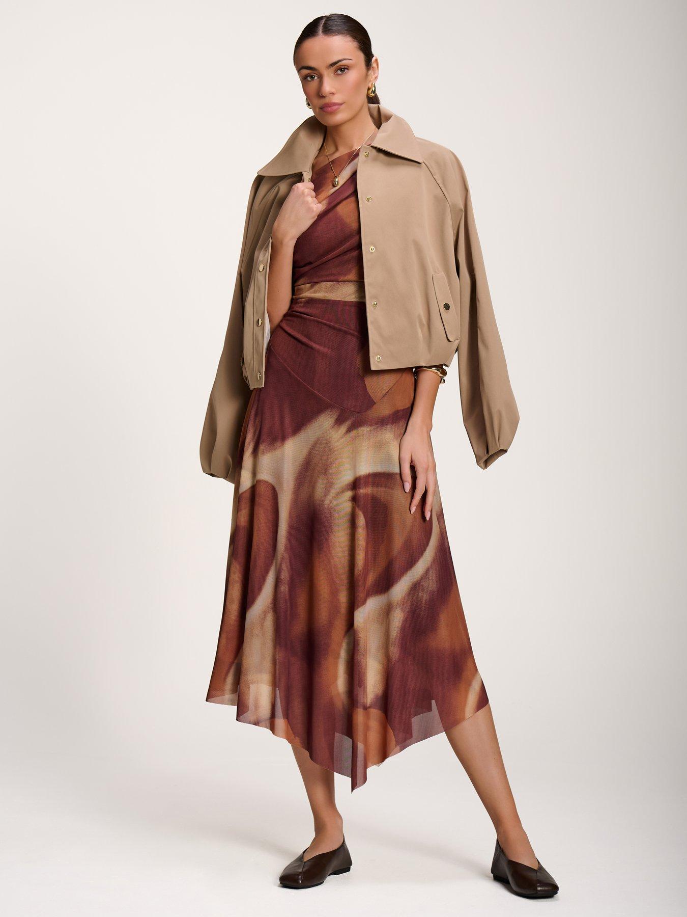 Image 3 of 7 of Jolie Moi Womens Asymmetric Draped Mesh Dress - Brown