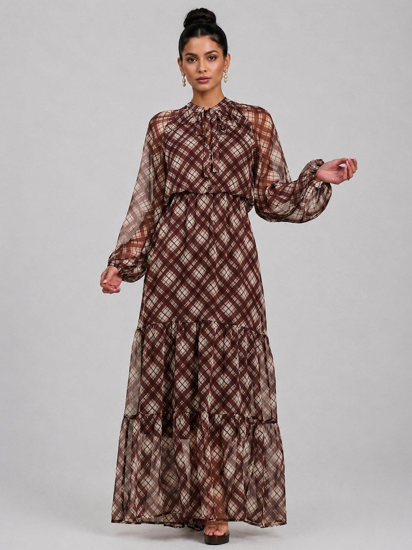 Image 1 of 5 of Jolie Moi Womens Tie Neck Tiered Long Sleeve Maxi Dress - Brown