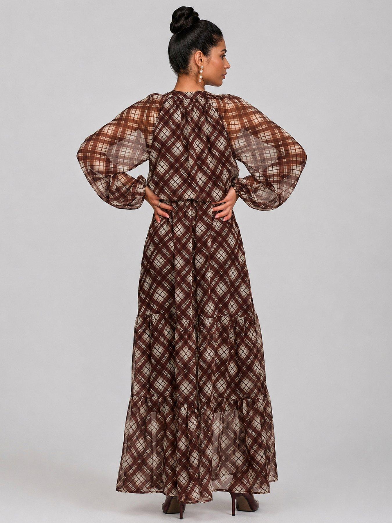 Image 2 of 5 of Jolie Moi Womens Tie Neck Tiered Long Sleeve Maxi Dress - Brown