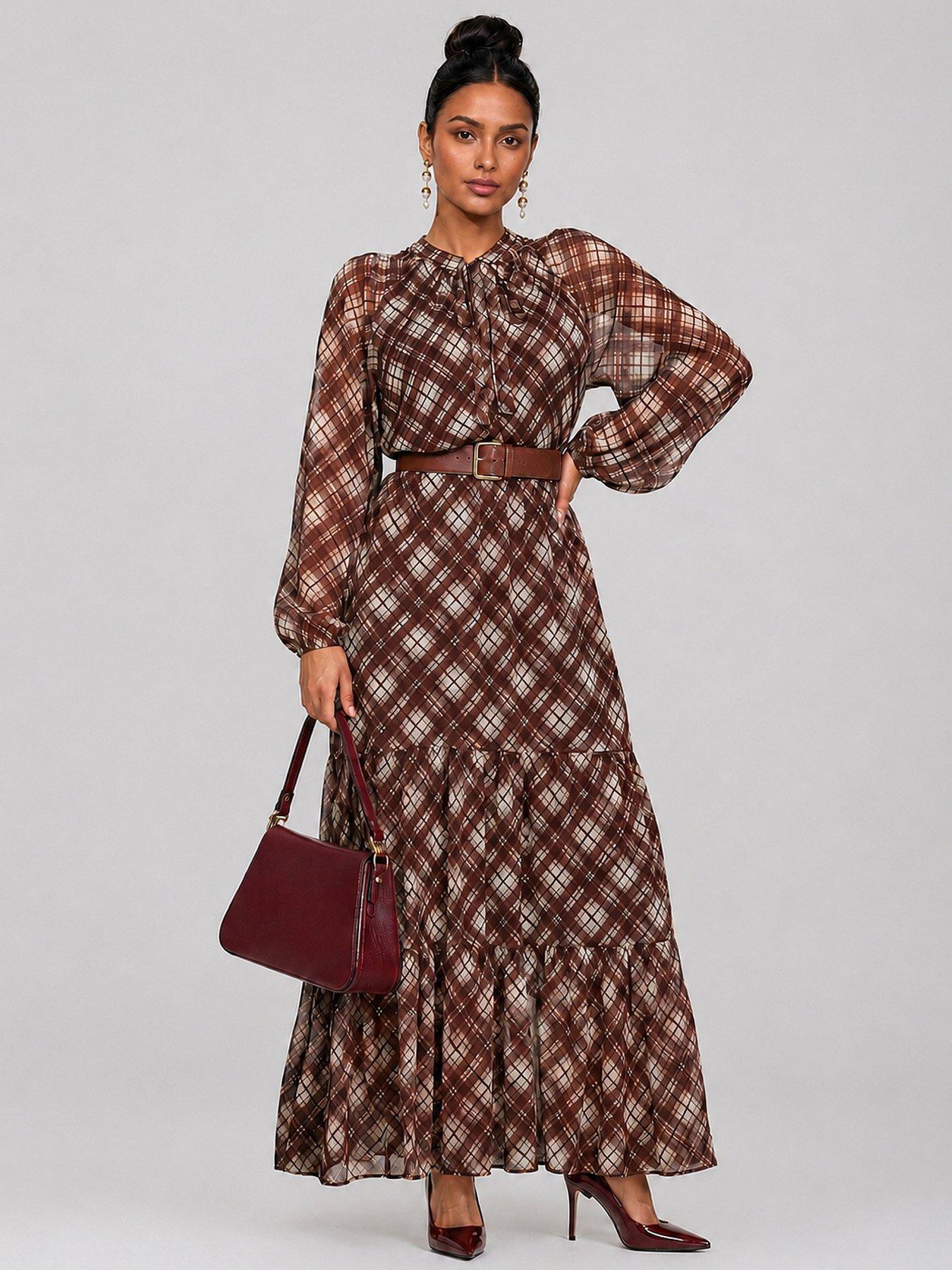 Image 3 of 5 of Jolie Moi Womens Tie Neck Tiered Long Sleeve Maxi Dress - Brown