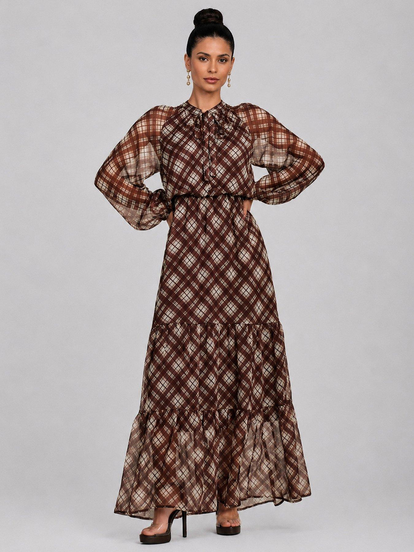 Image 4 of 5 of Jolie Moi Womens Tie Neck Tiered Long Sleeve Maxi Dress - Brown