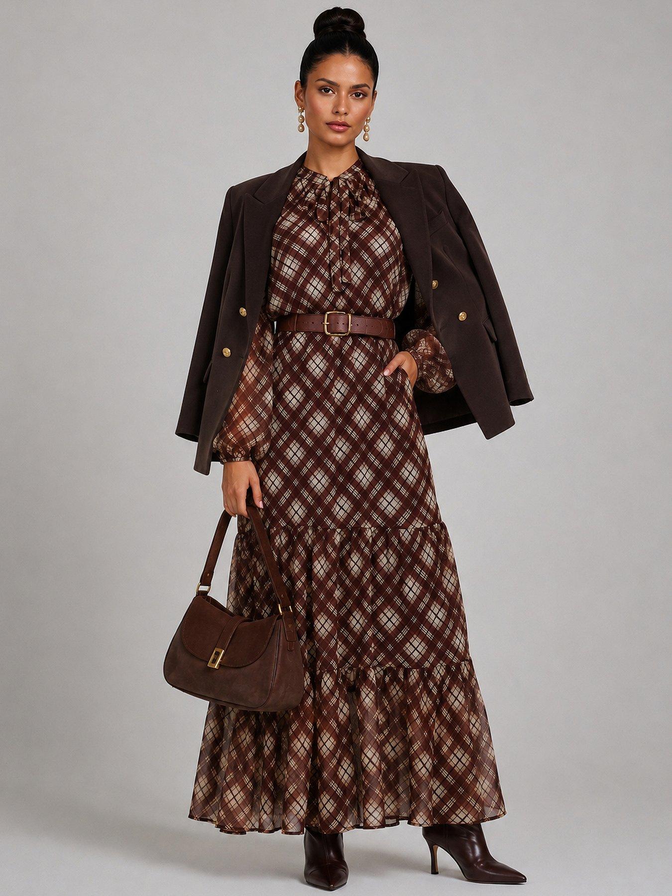 Image 5 of 5 of Jolie Moi Womens Tie Neck Tiered Long Sleeve Maxi Dress - Brown
