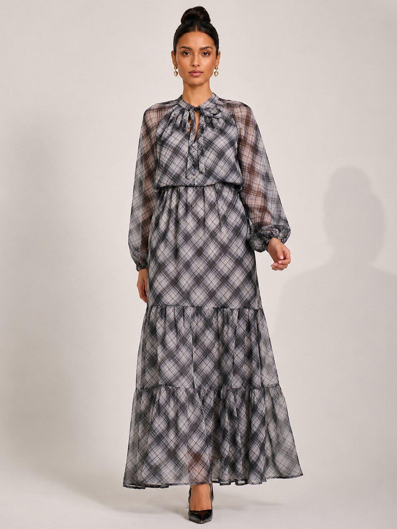 Image 1 of 5 of Jolie Moi Womens Tie Neck Tiered Long Sleeve Maxi Dress - Black
