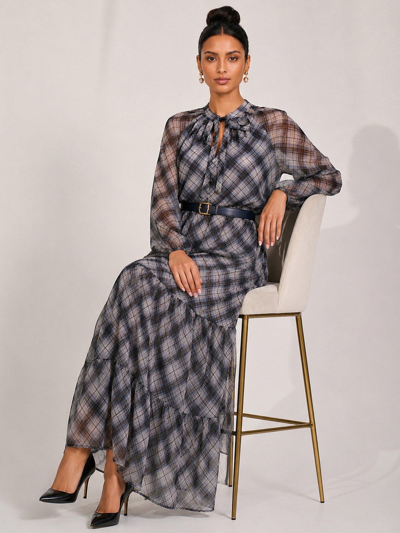 Image 4 of 5 of Jolie Moi Womens Tie Neck Tiered Long Sleeve Maxi Dress - Black