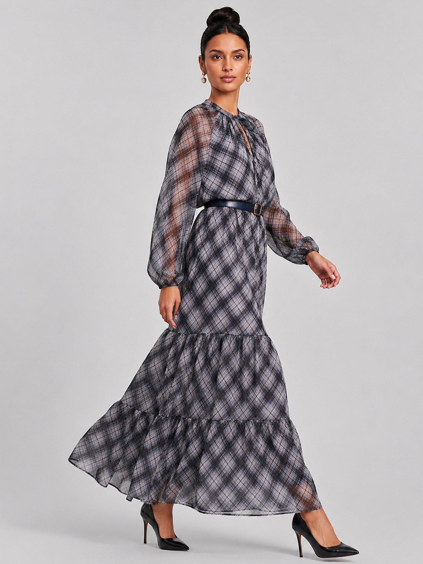 Image 5 of 5 of Jolie Moi Womens Tie Neck Tiered Long Sleeve Maxi Dress - Black