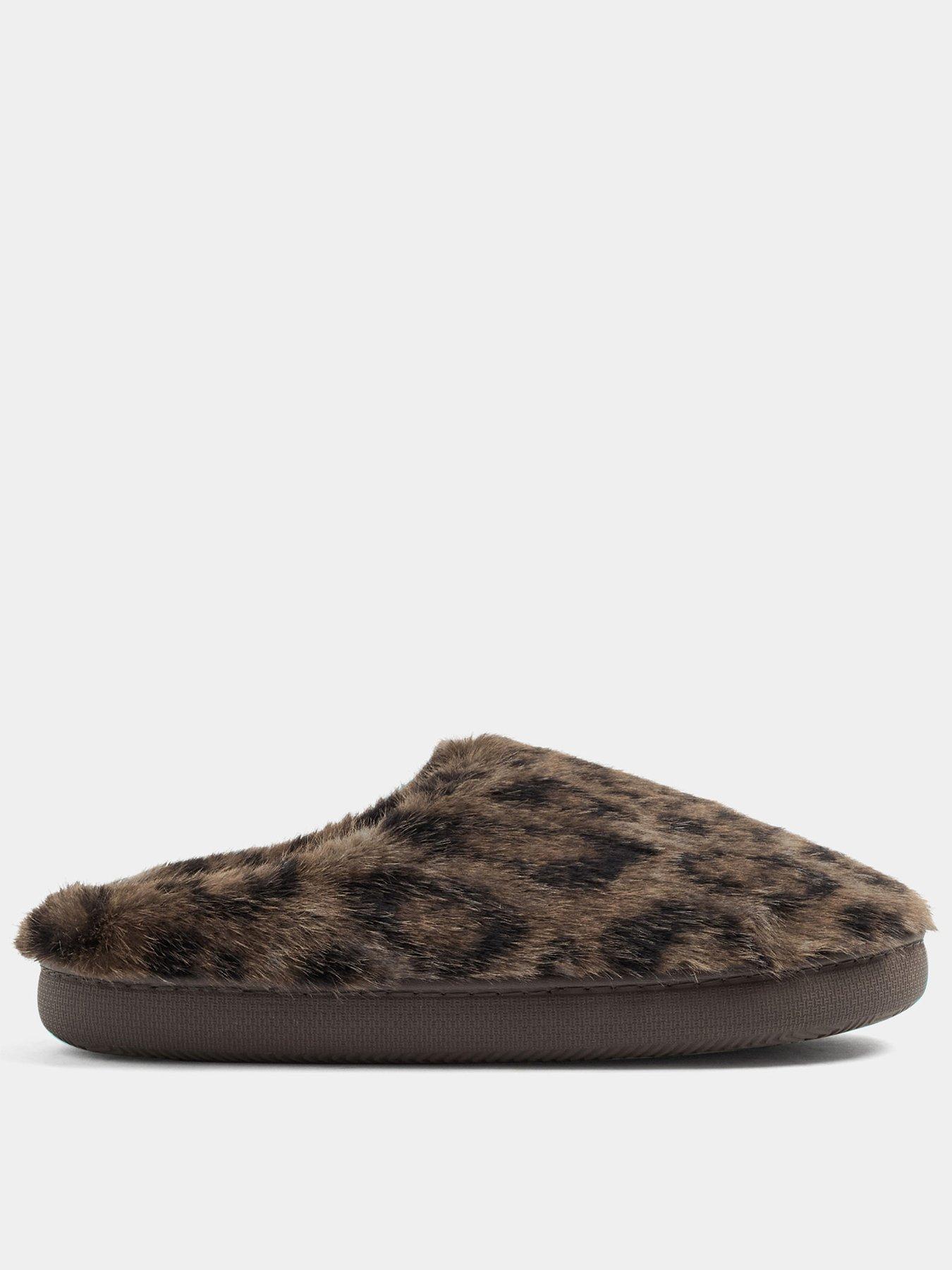 Image 1 of 4 of Yours Womens Leopard Faux Fur Mule Slippers - Brown