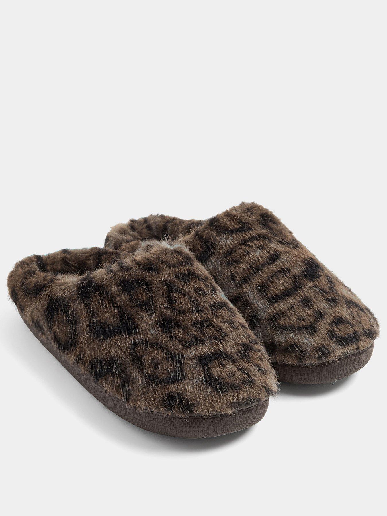 Image 2 of 4 of Yours Womens Leopard Faux Fur Mule Slippers - Brown