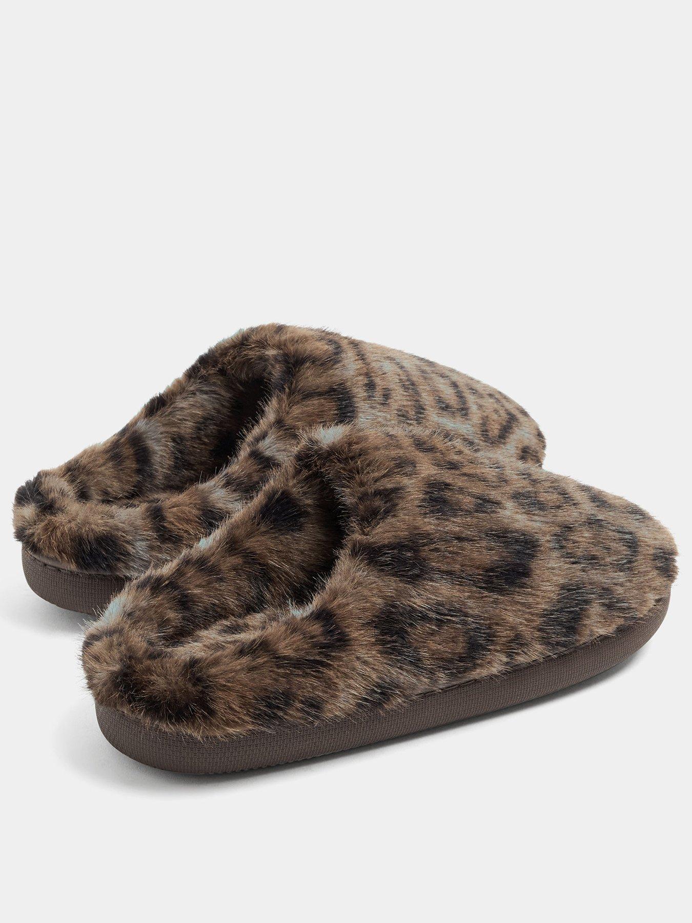 Image 3 of 4 of Yours Womens Leopard Faux Fur Mule Slippers - Brown