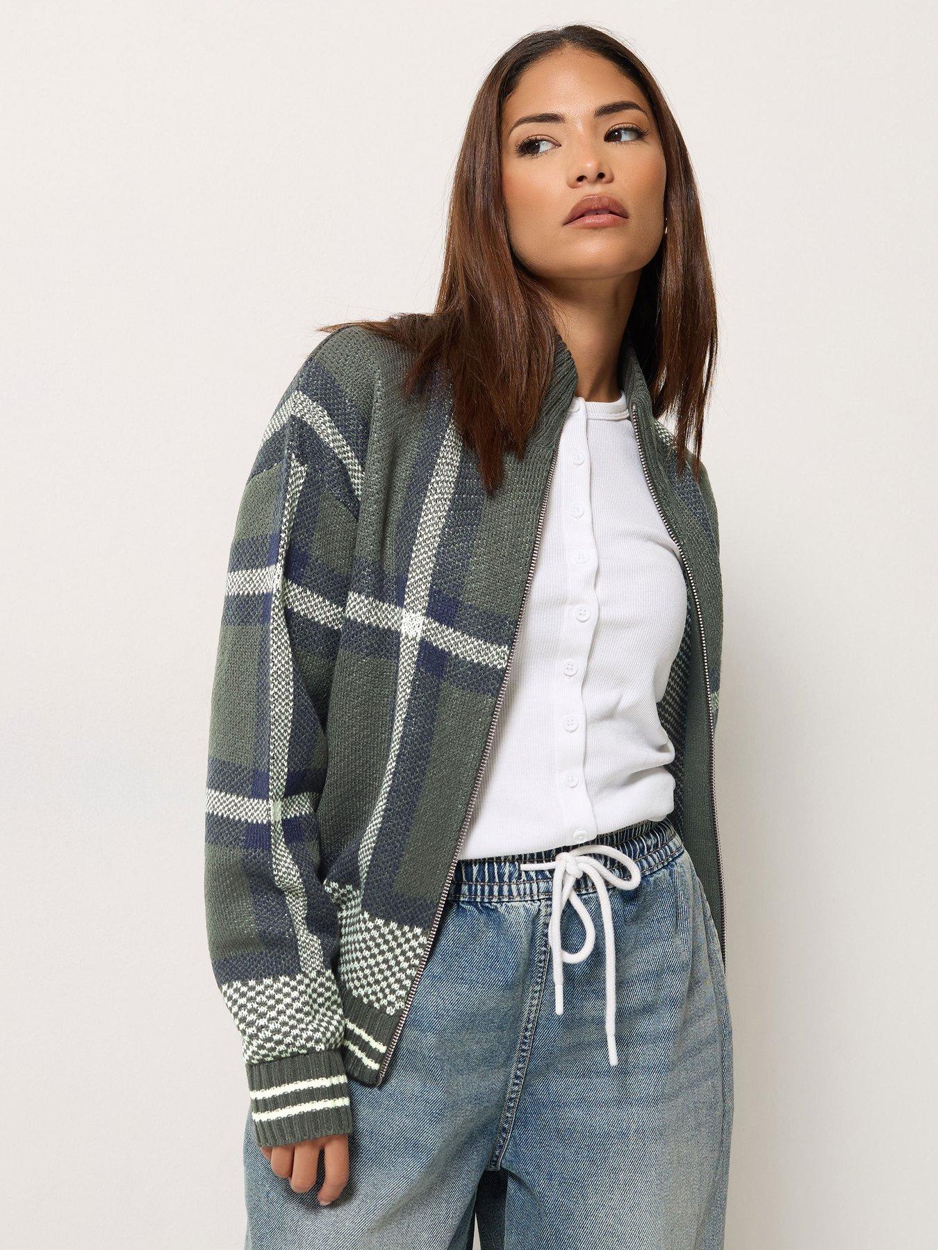 Image 1 of 4 of PixieGirl Womens Petite Check Funnel Neck Bomber Jacket - Multi