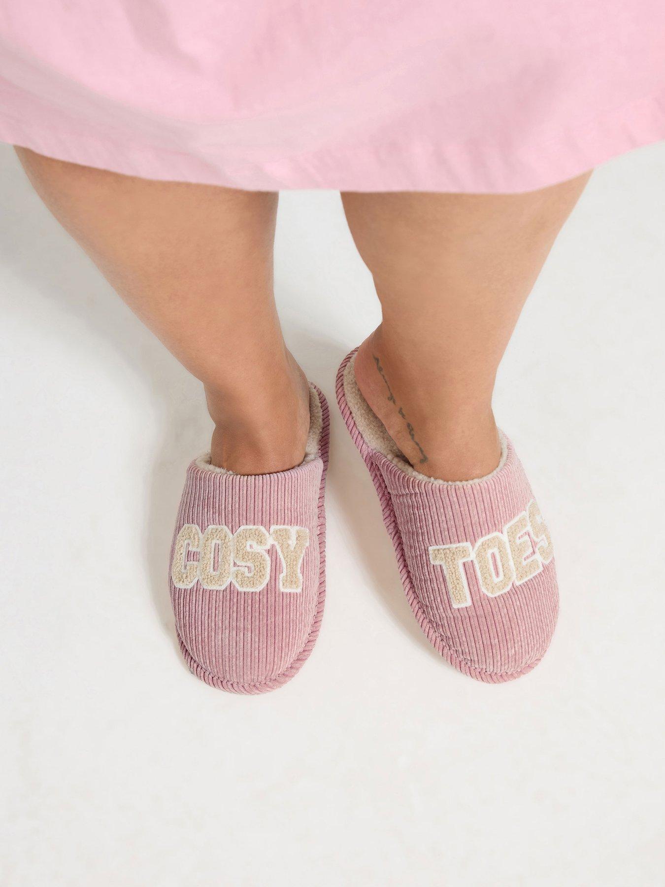 Image 4 of 4 of Yours Womens Ribbed Borg-Lined Slogan Slippers - Pink