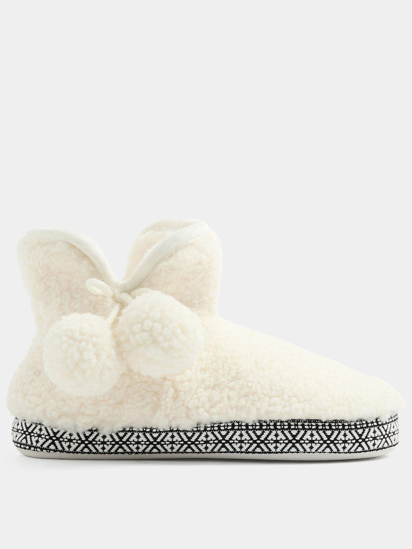 Image 1 of 4 of Yours Womens Faux Fur Pom Pom Ties Cushioned Boot Slippers - White