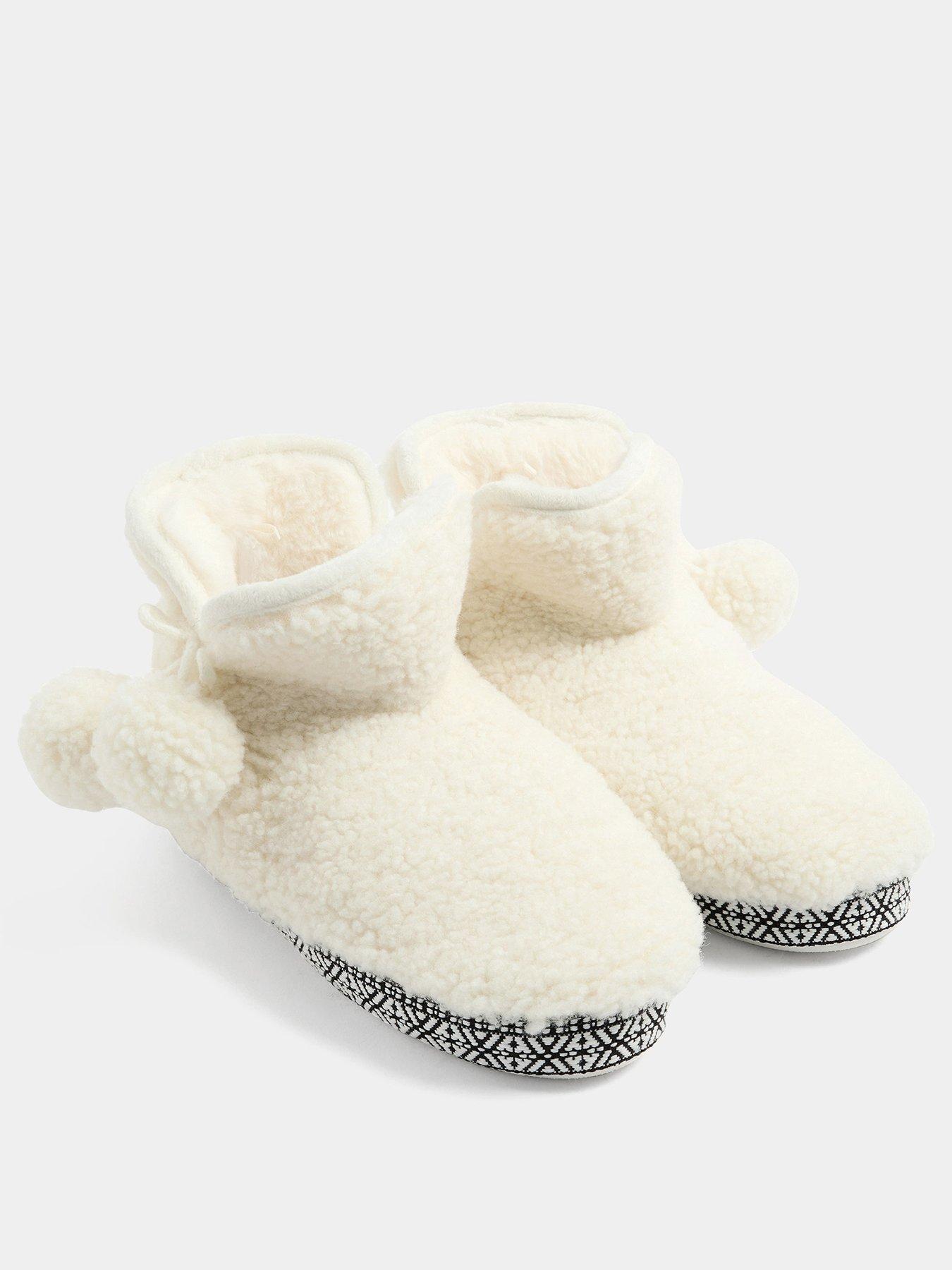 Image 2 of 4 of Yours Womens Faux Fur Pom Pom Ties Cushioned Boot Slippers - White